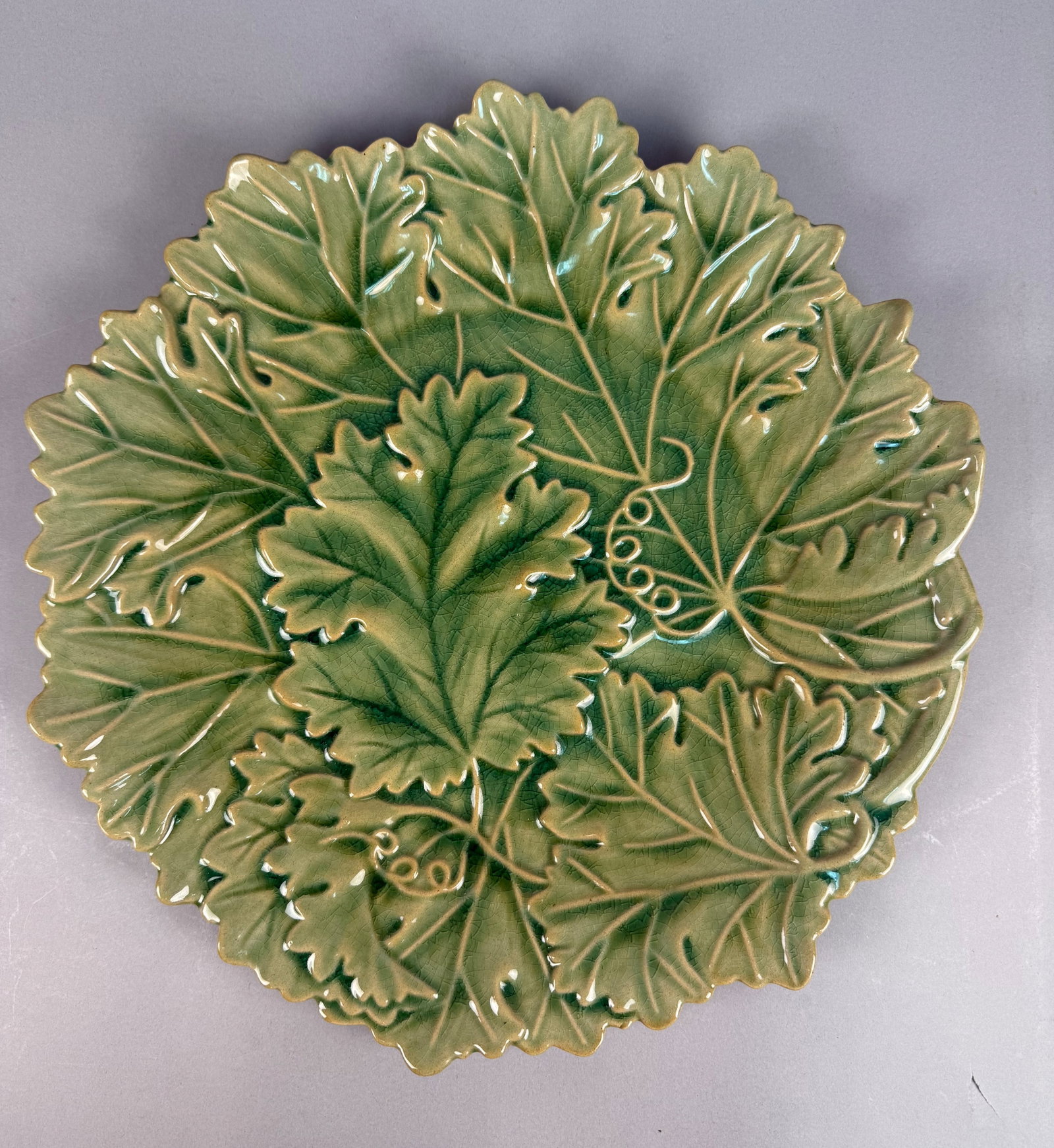 Majolica Style Green Glazed Leaf and Vine Plate Attributed to Bordallo Pinheiro (1 of 8)