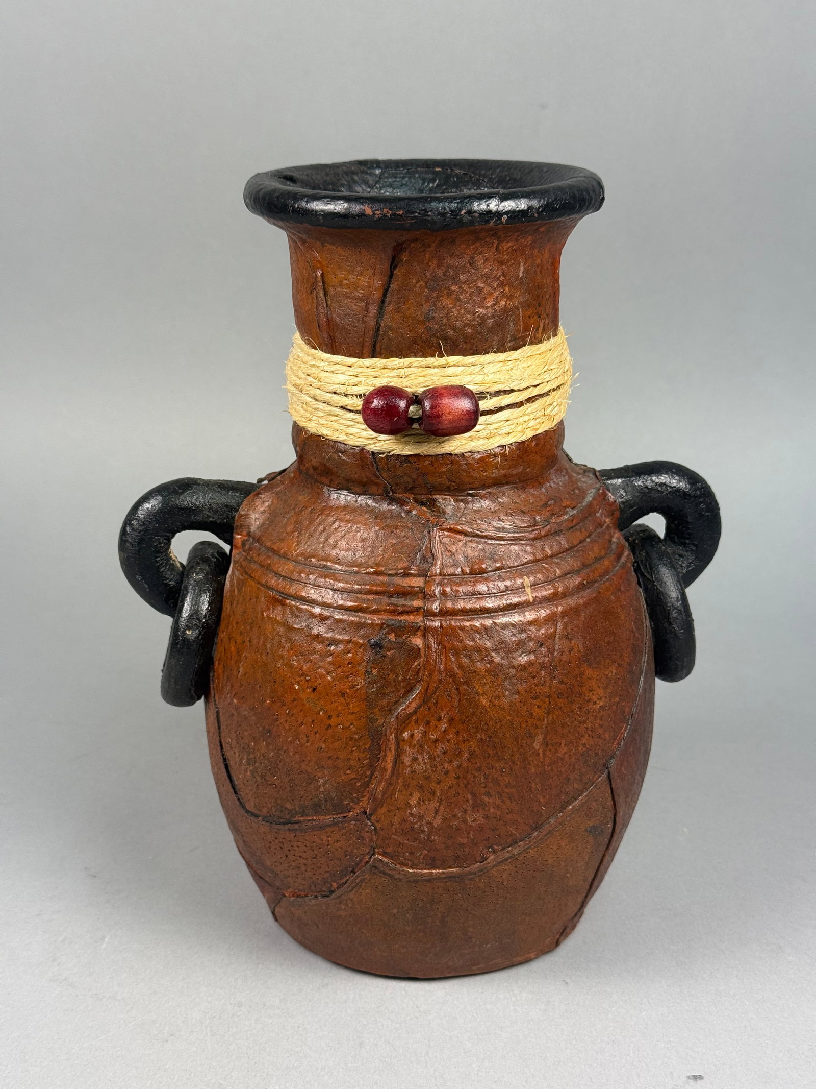 Contemporary Hide Wrapped Folk Art Vessel with Ring Handles (1 of 9)