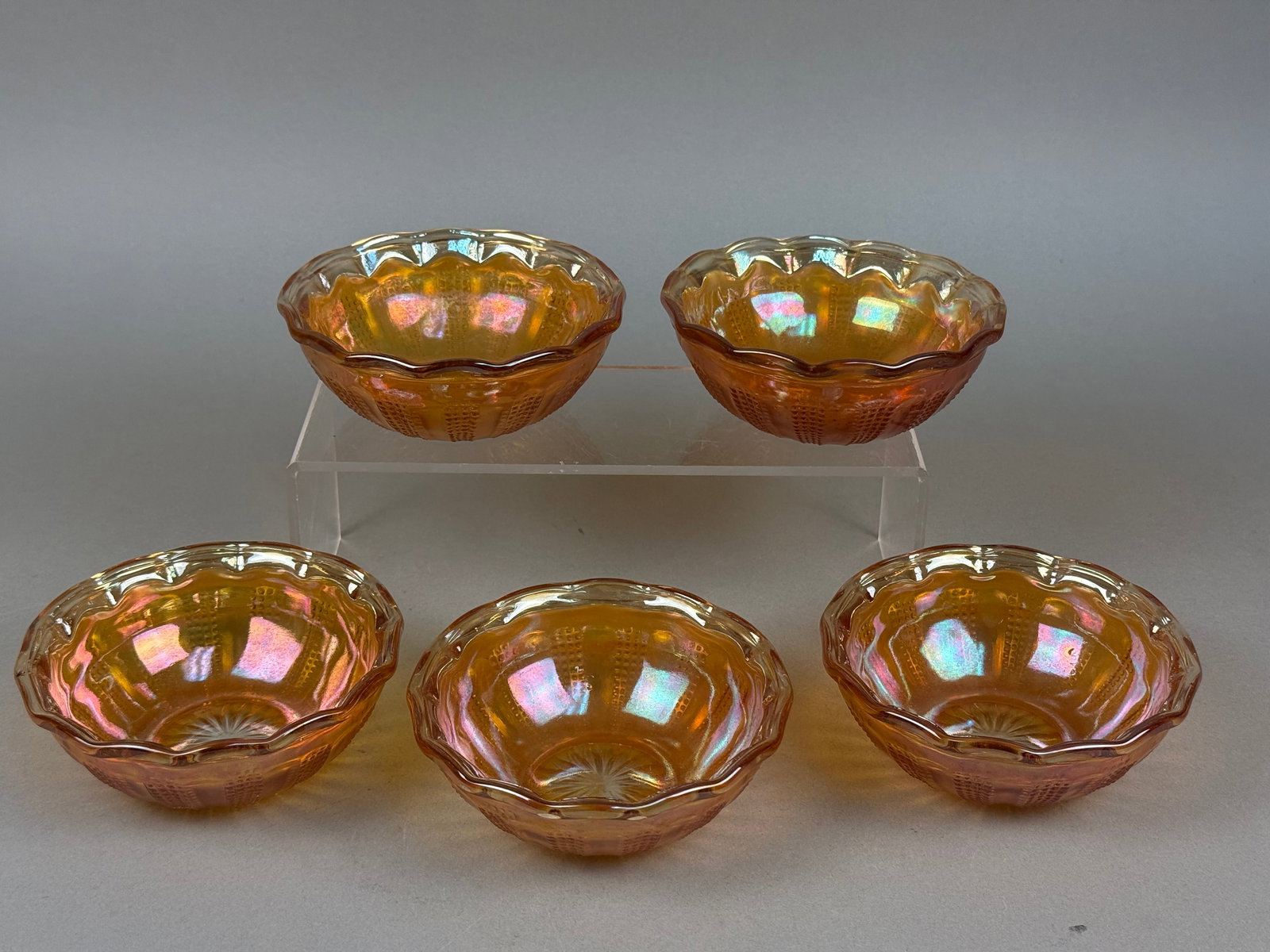 A Set of Five Marigold Carnival Glass Berry Bowls in the Diamond Point Columns Pattern (1 of 10)
