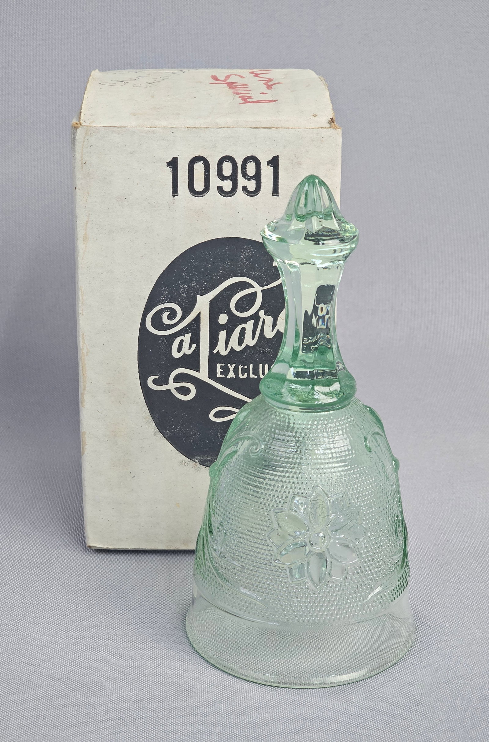 Tiara Exclusives Sandwich Pattern Chantilly Green Glass Bell with Original Box (1 of 7)