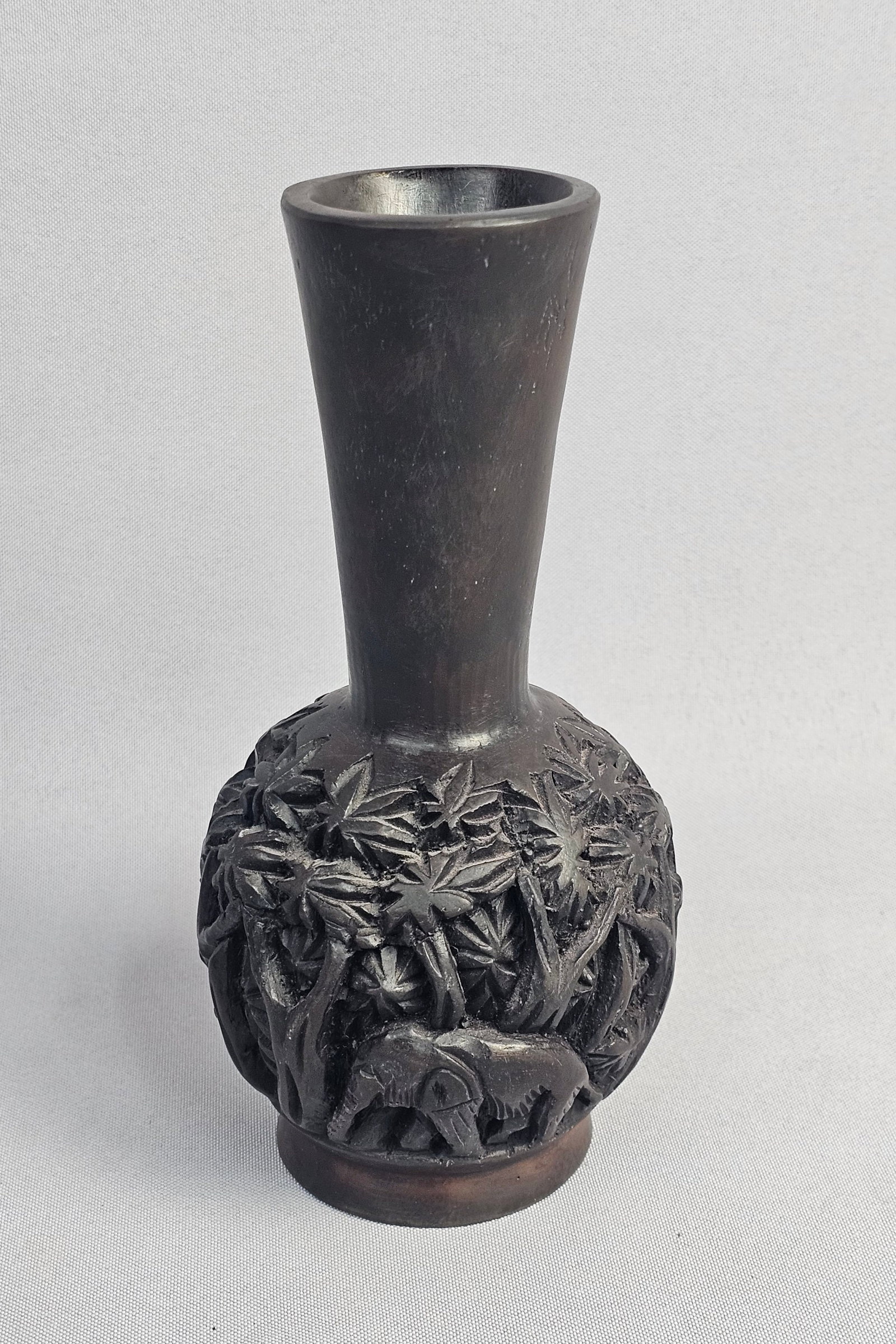 Carved Ceramic Vase with Elephant and Jungle Scene (1 of 9)