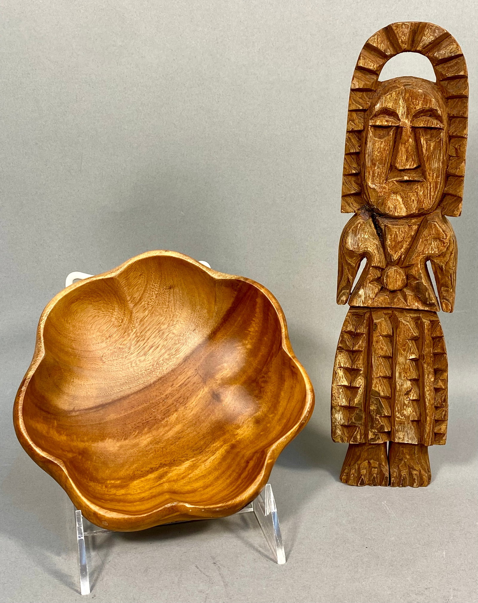 Two Carved Wooden Items Comprising a Kamani Wood Bowl and a Stylized Tiki-Style Figurine (1 of 7)