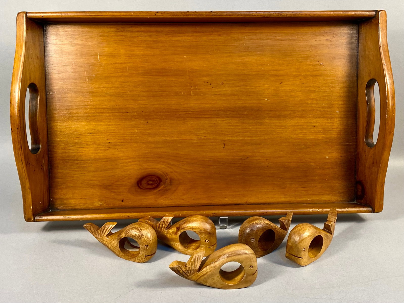 A Pine Shop Original Wooden Serving Tray and a Collection of Whale-Shaped Napkin Rings (1 of 8)