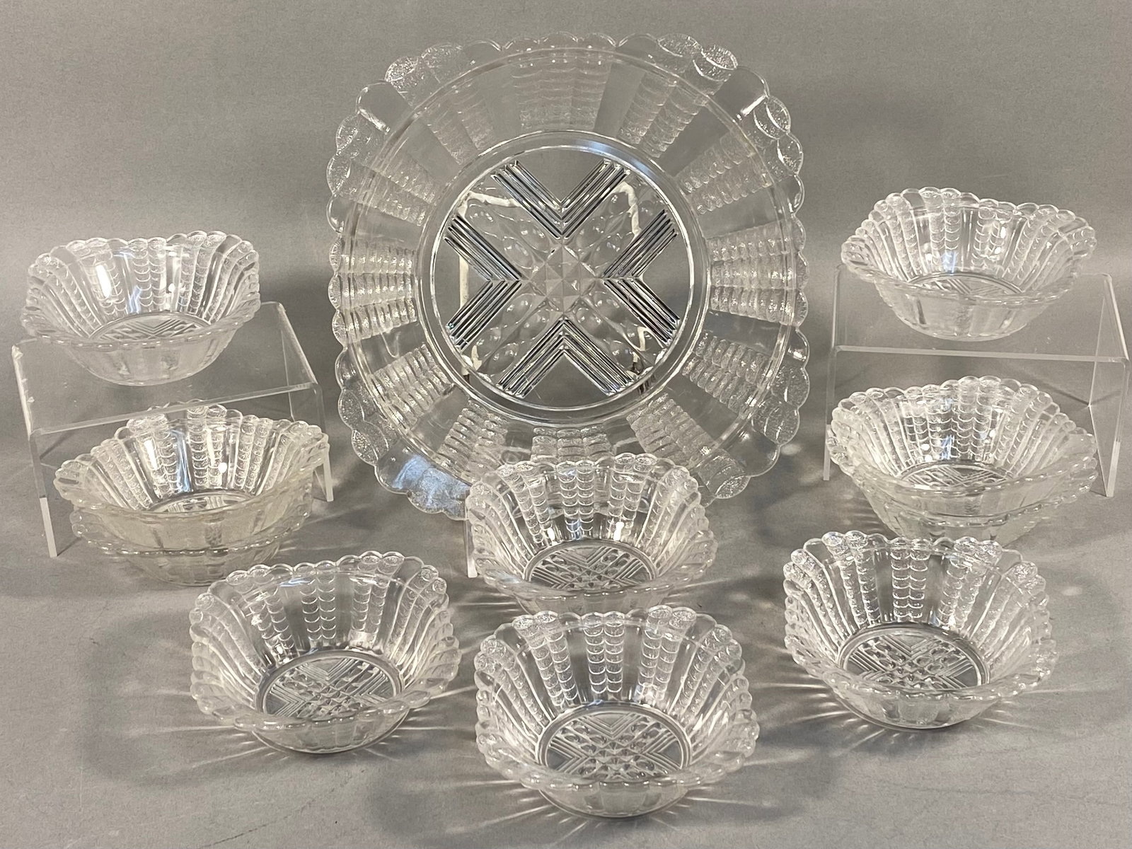 Eleven-Piece Dessert Set, Clear Pressed Glass in the Scales Pattern (1 of 7)