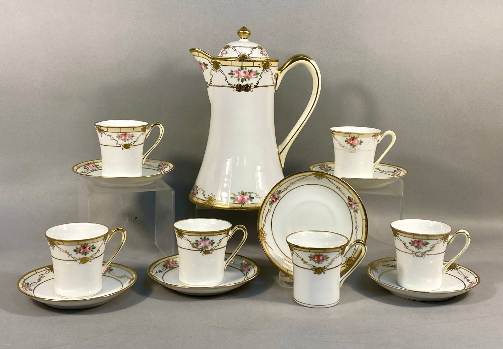 A 14-Piece Set of Hand-Painted Nippon Porcelain Chocolate Pot and Cups (1 of 8)