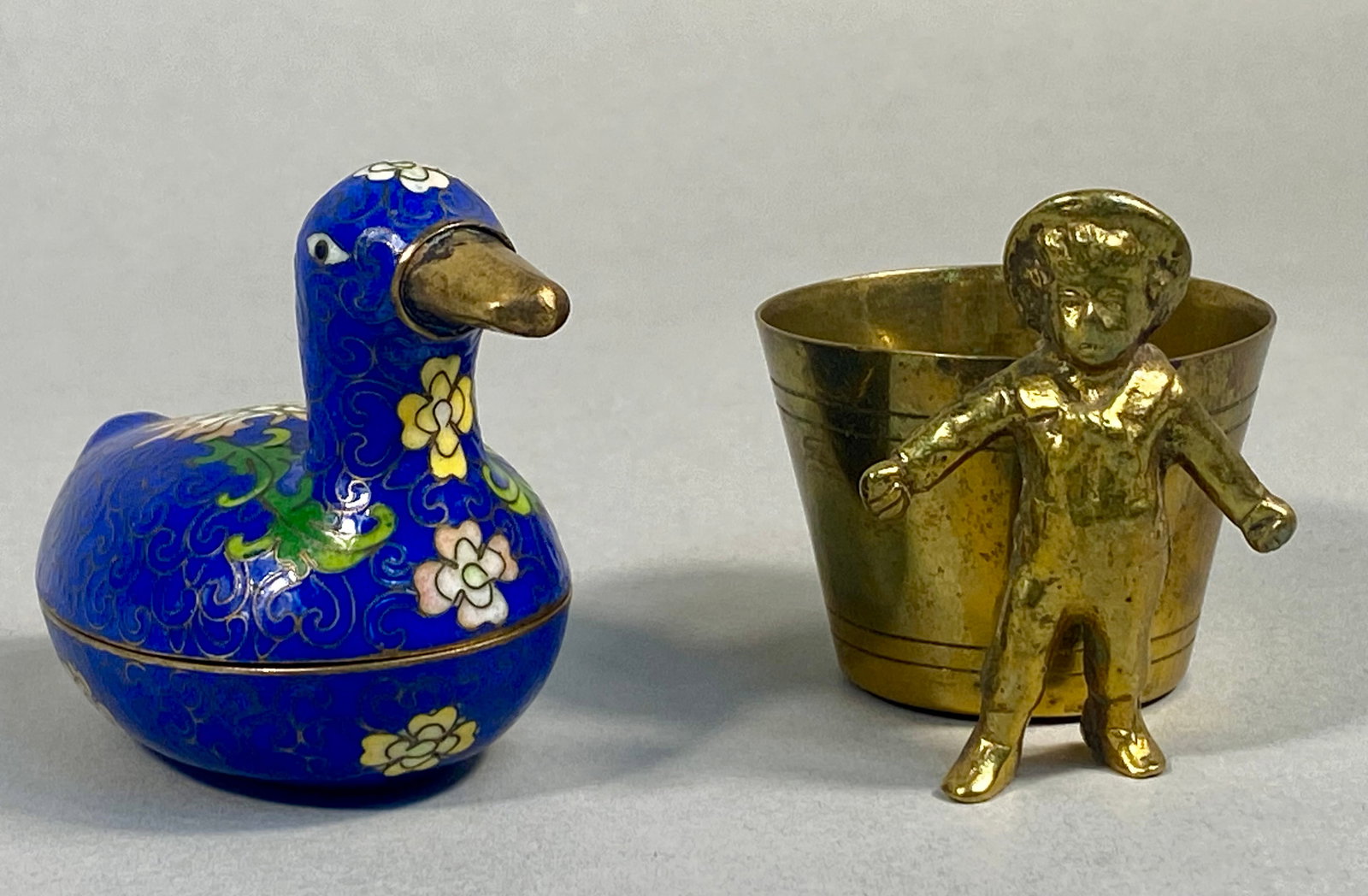 Two Miniature Decorative Objects Including a Chinese Cloisonne Enamel Duck Trinket Box and a Brass (1 of 6)