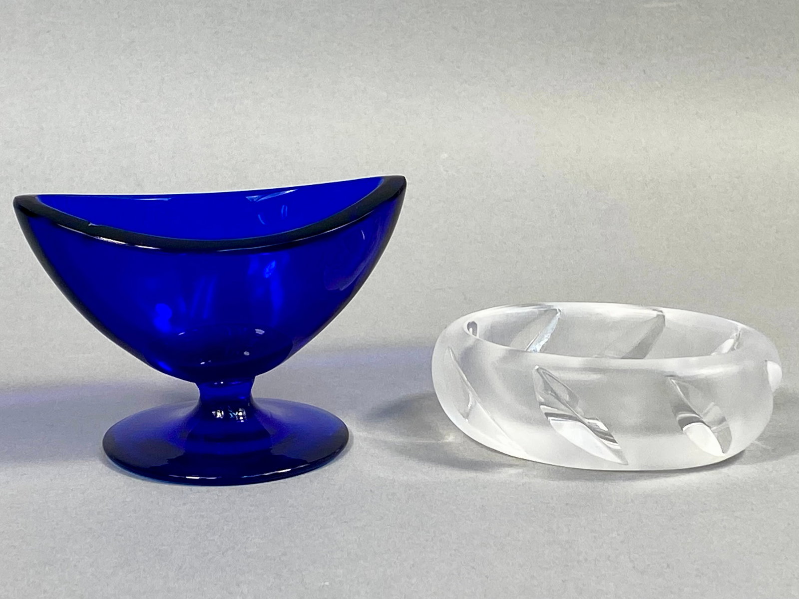 Two Pieces of Art Glass Including a Signed Lalique Frosted Crystal Bowl and a Cobalt Blue Pedestal (1 of 7)