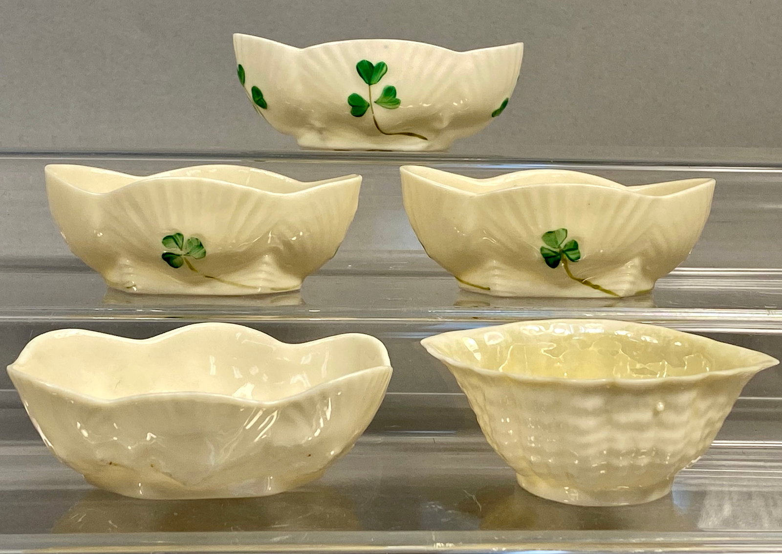 Five Belleek Parian Porcelain Shamrock and Shell Form Small Dishes (1 of 9)