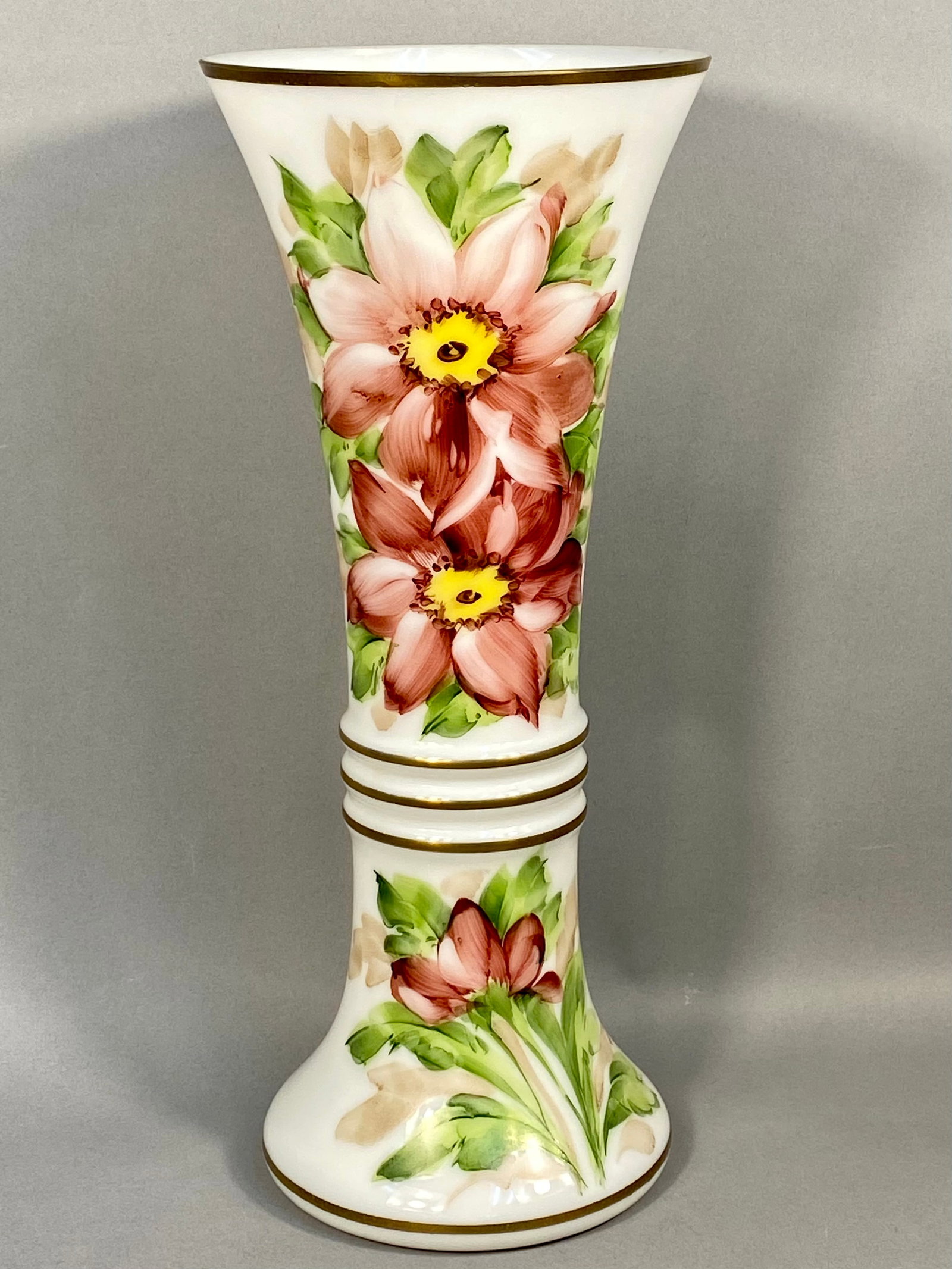 Hand-Painted Milk Glass Trumpet Vase by DeLuxe Inc., Signed P. Connin (1 of 7)