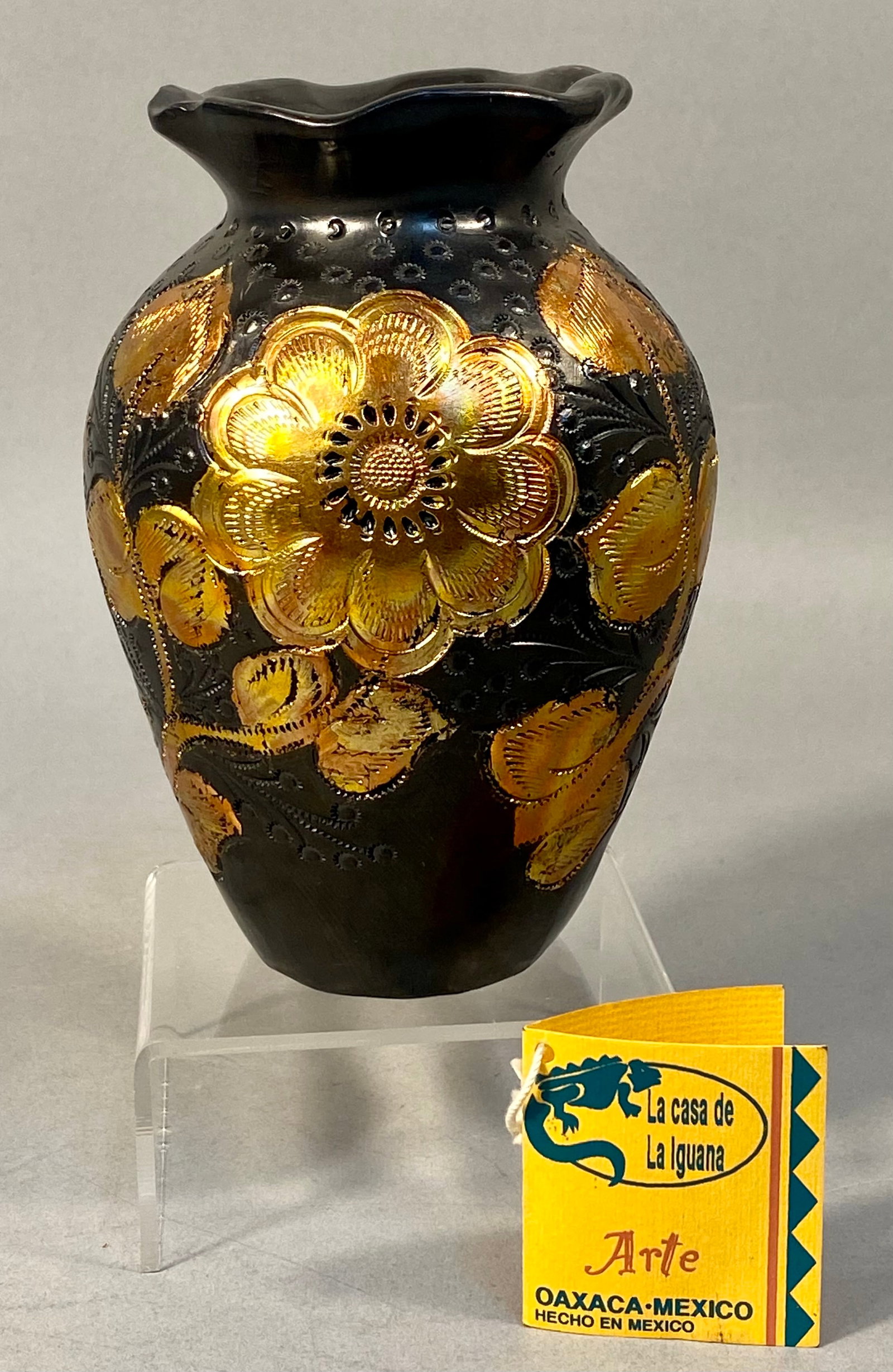 Oaxacan Barro Negro Style Black Earthenware Floral Vase (1 of 6)