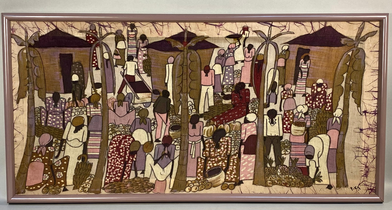 P.K.S, African Village Marketplace Scene, Batik on Textile (Signed): This large-scale batik on textile depicts a bustling marketplace scene featuring numerous stylized figures, thatched-roof dwellings, and tropical trees. The composition is executed in a folk art style