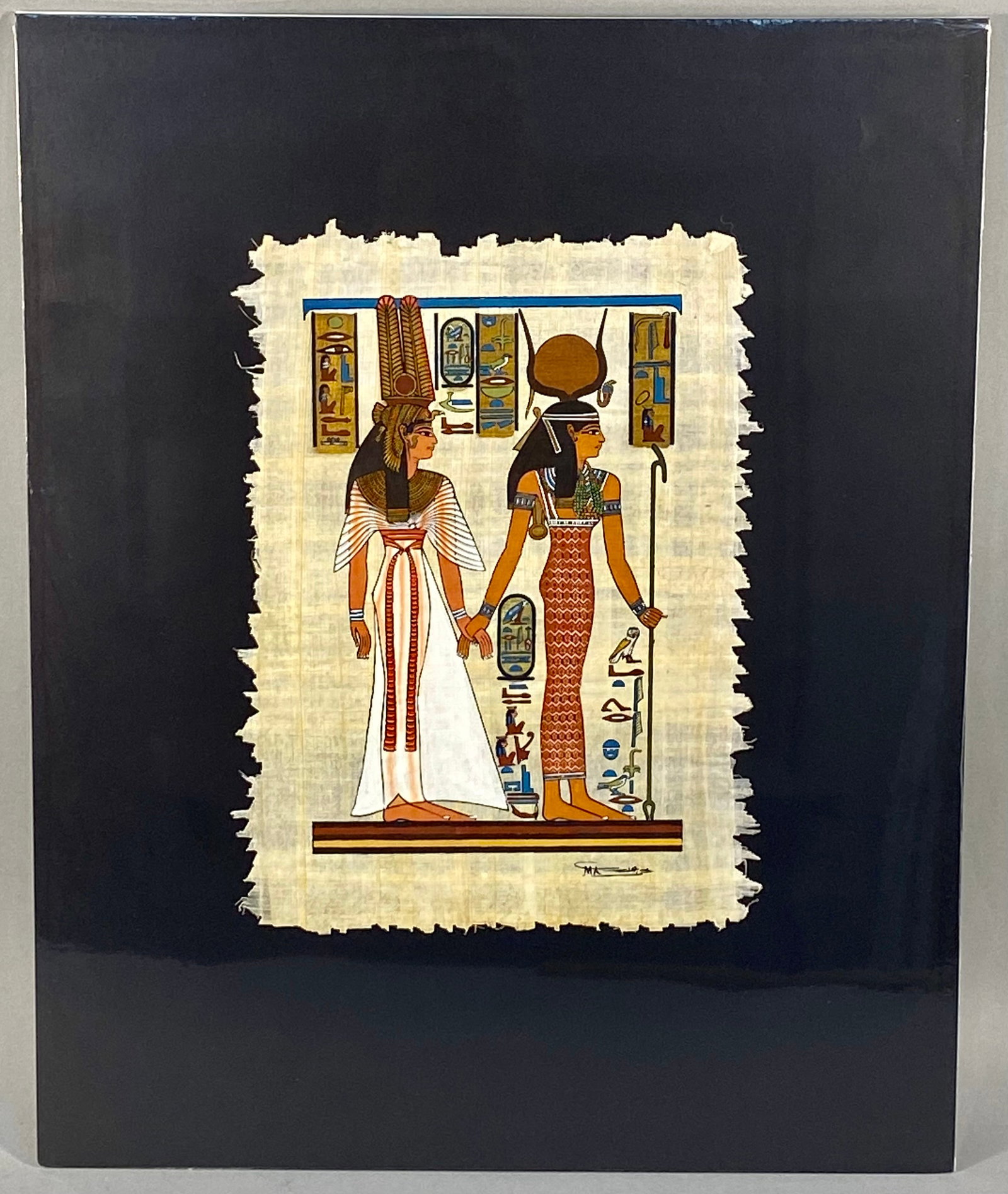 MA, Egyptian Papyrus Painting of Goddess Isis and Queen Nefertari (Signed) (1 of 6)