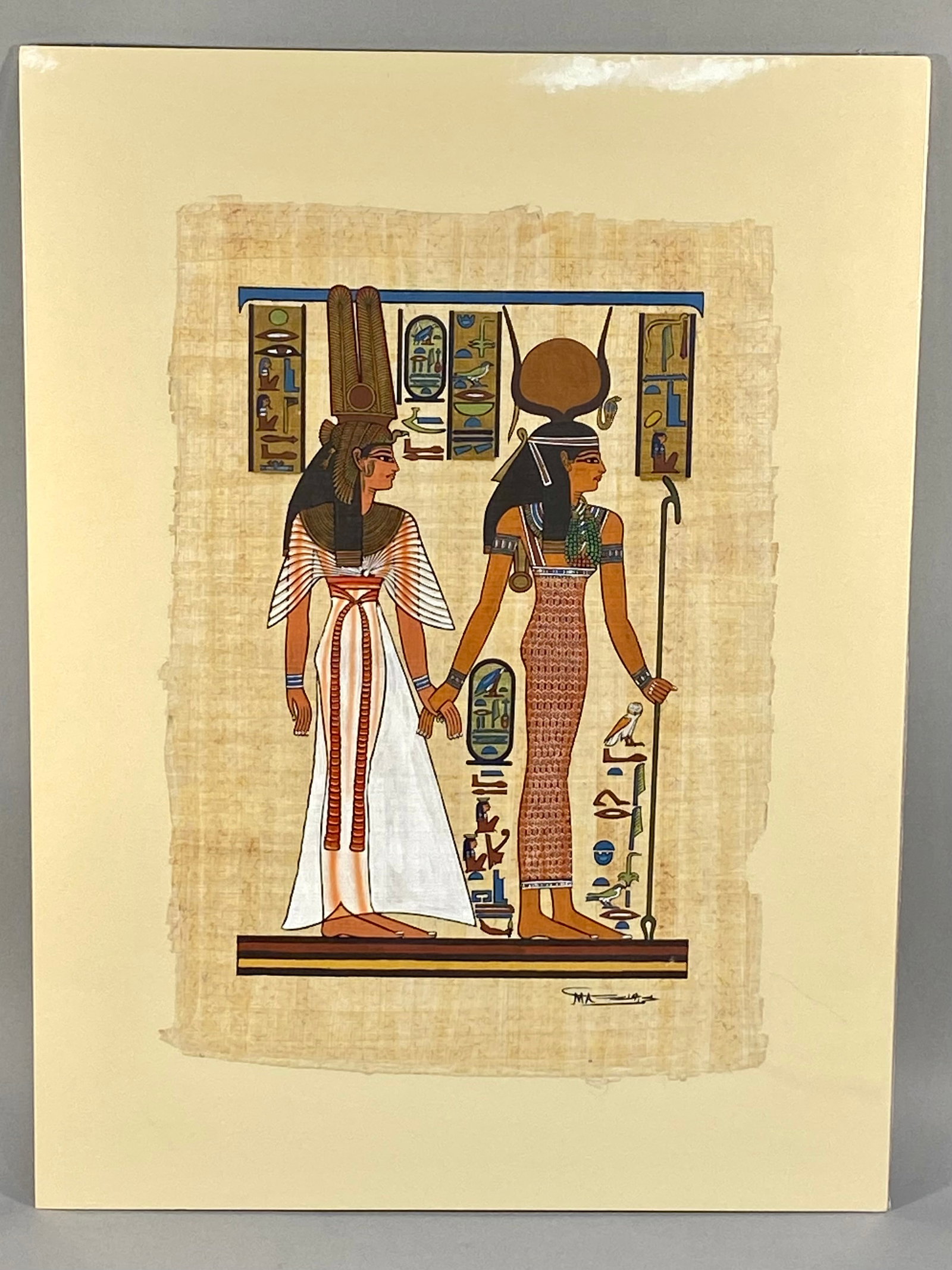 Modern Egyptian Papyrus Painting of Goddess Isis and Queen Nefertari (Signed) (1 of 6)