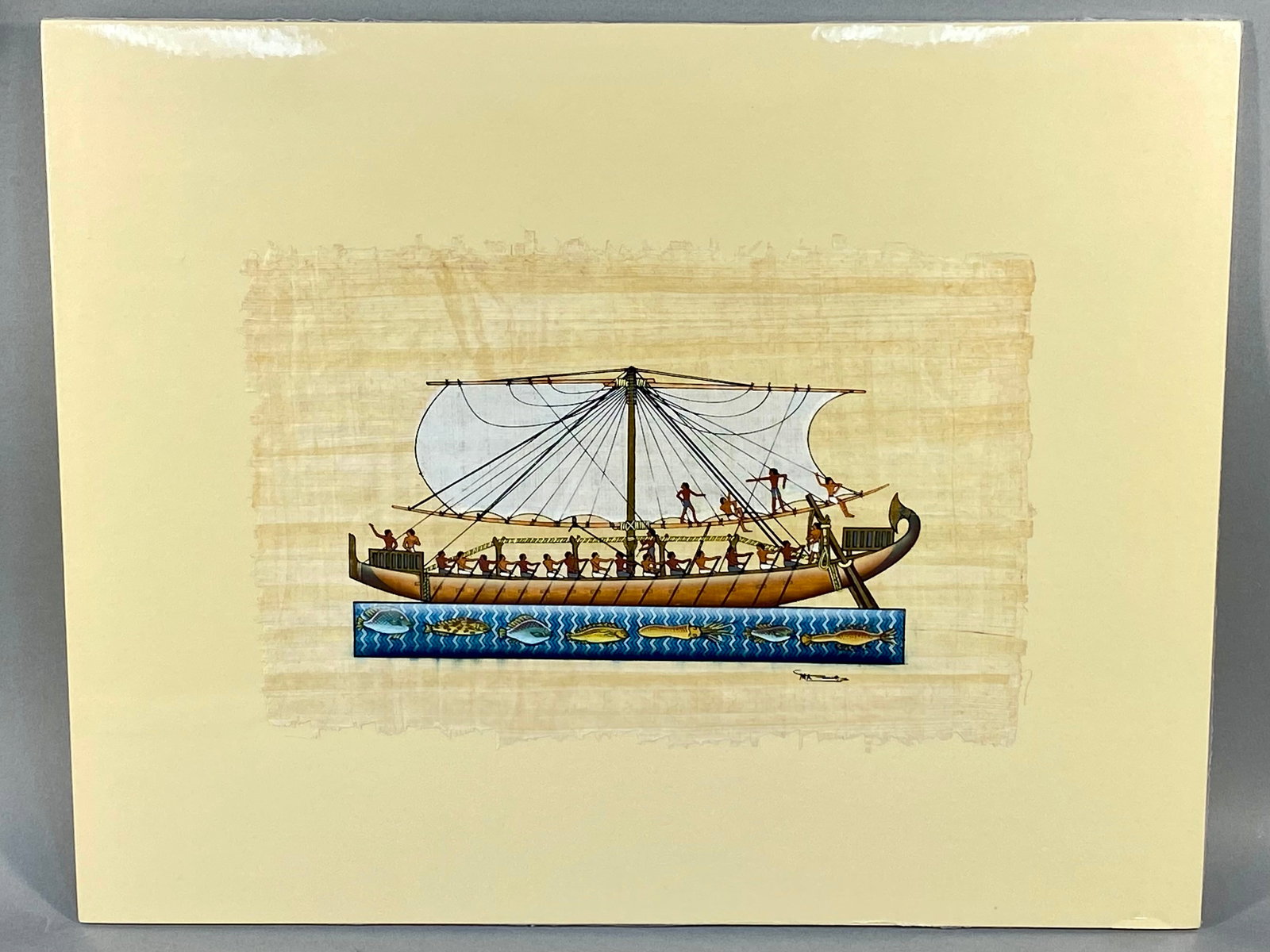 Modern Egyptian Papyrus Painting 'Egyptian Galley at Sea' (Signed) (1 of 6)