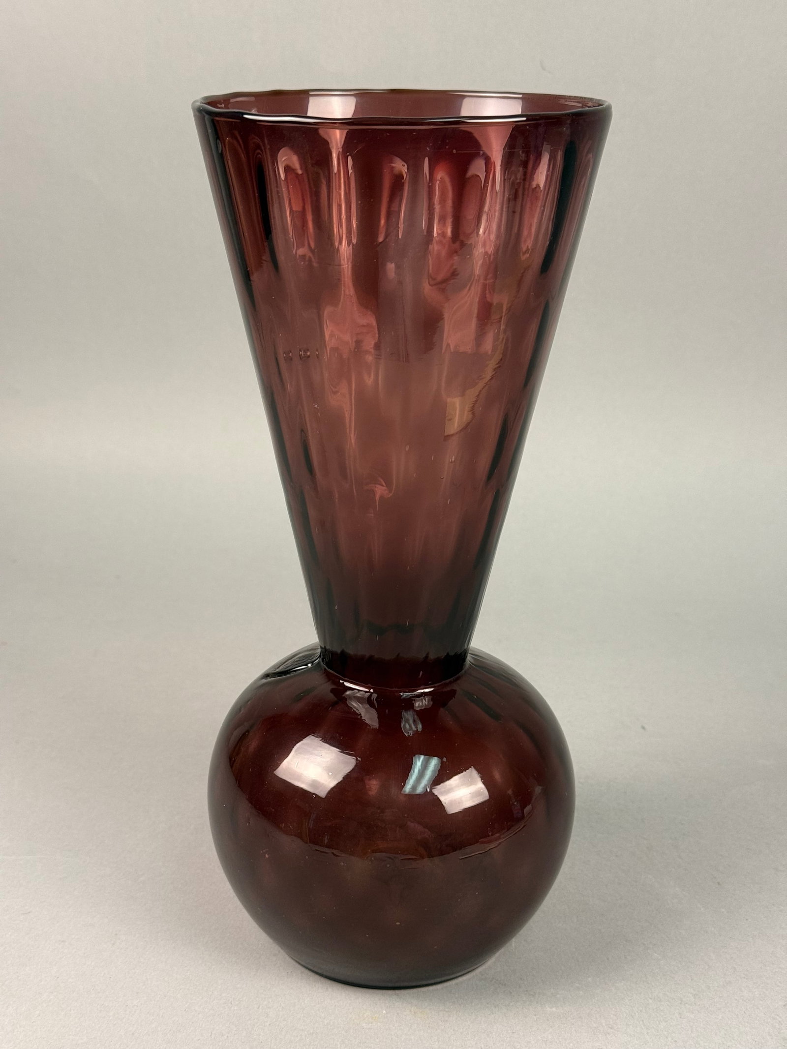 Mid-Century Amethyst Optic Ribbed Glass Vase with Bulbous Base (1 of 6)