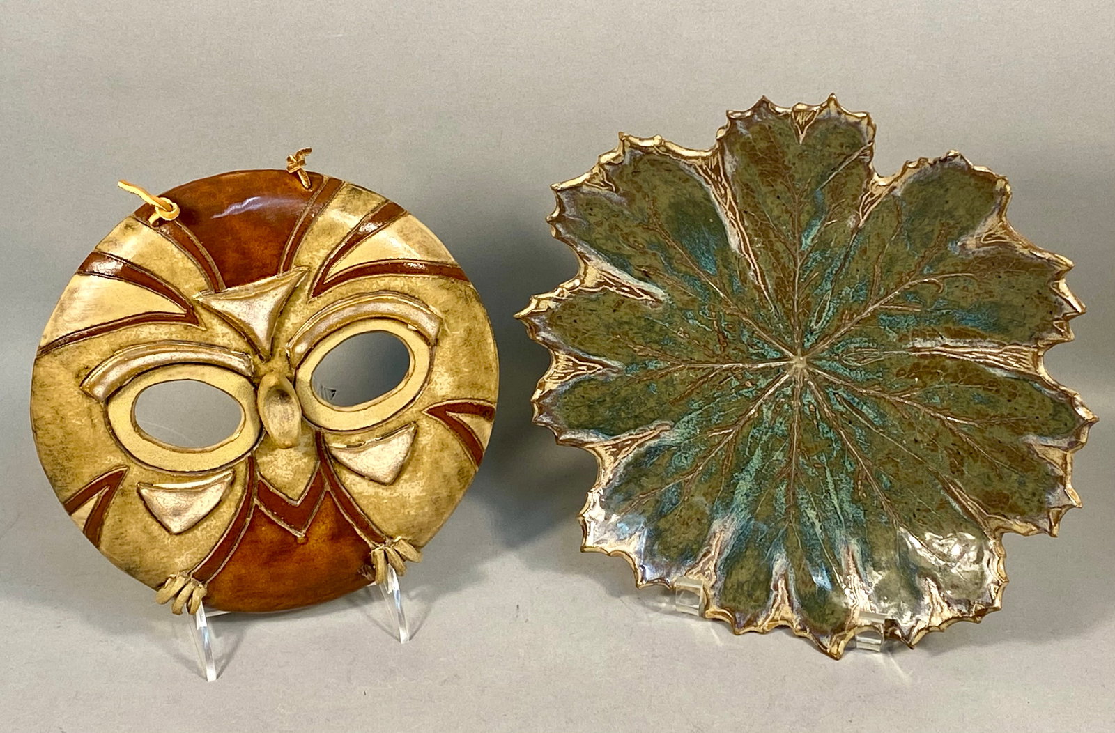 Two Robin's Nest Studio Pottery Pieces, Owl Plaque and Leaf Dish (1 of 6)