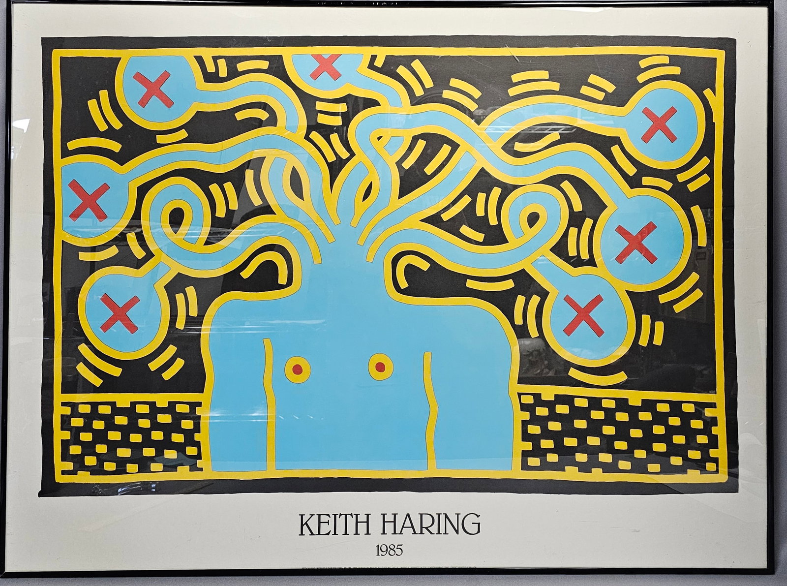 Keith Haring Medusa Head Offset Lithograph Poster: This commercial offset lithograph poster is after an original 1985 work by Keith Haring titled Medusa Head. The image features a stylized light blue torso where the head is replaced by multiple undula