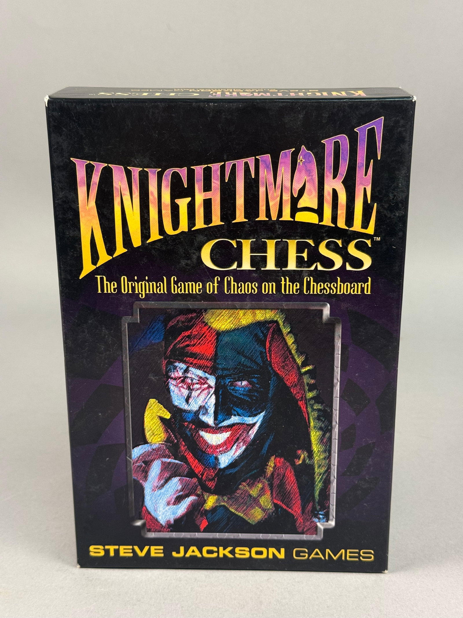 Steve Jackson Games Knightmare Chess 3rd Edition 1st Printing Card Game: The set includes its original retail storage box, a paper instruction sheet, and a large deck of cards featuring fantasy artwork by Rogerio Vilela. Materials consist of printed cardstock for the cards