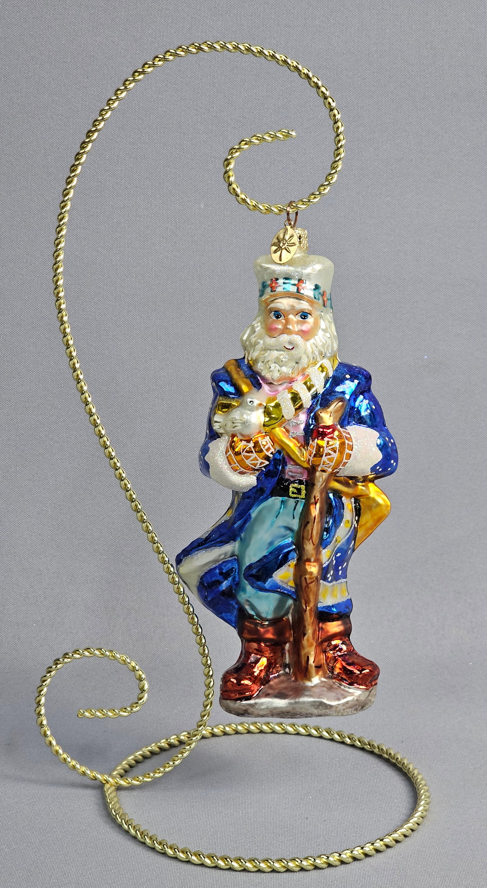 Christopher Radko Hand-Blown Glass Father Christmas Ornament: Hand-blown glass Christmas ornament by Christopher Radko, depicting a standing Father Christmas or St. Nicholas figure. The ornament is identified by the signature gold-toned embossed eight-pointed st