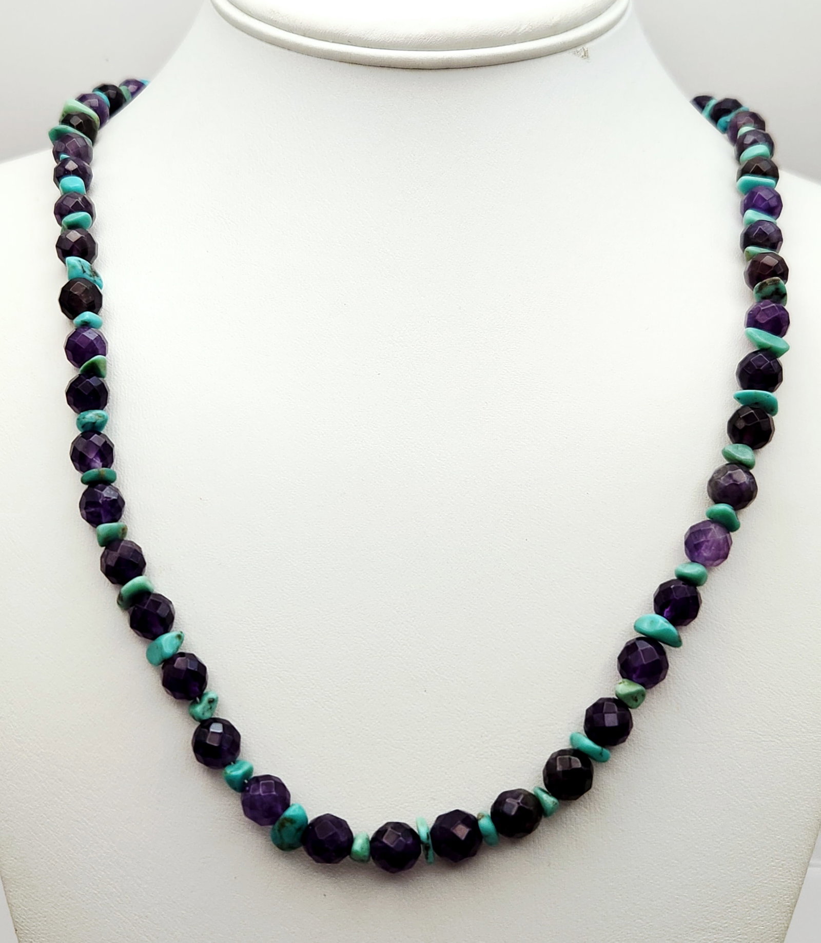 DRT Amethyst Turquoise Necklace 925 Clasp: A beaded necklace by Jay King Desert Rose Trading featuring faceted purple amethyst beads in varying sizes interspersed with irregular turquoise nugget spacers. Length: 36". Overall good condition. Mi