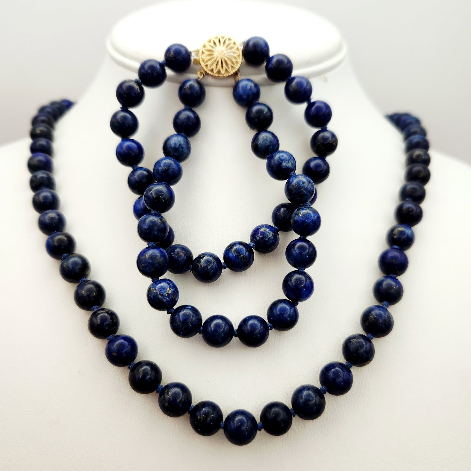 Lapis Lazuli Set 14K Gold Filled Clasps: Hand-knotted lapis lazuli bead necklace & bracelet featuring pyrite inclusions, one single-strand with a 1/20 14K gold-filled lobster clasp and one double-strand with a 14/20 gold-filled filigree clas