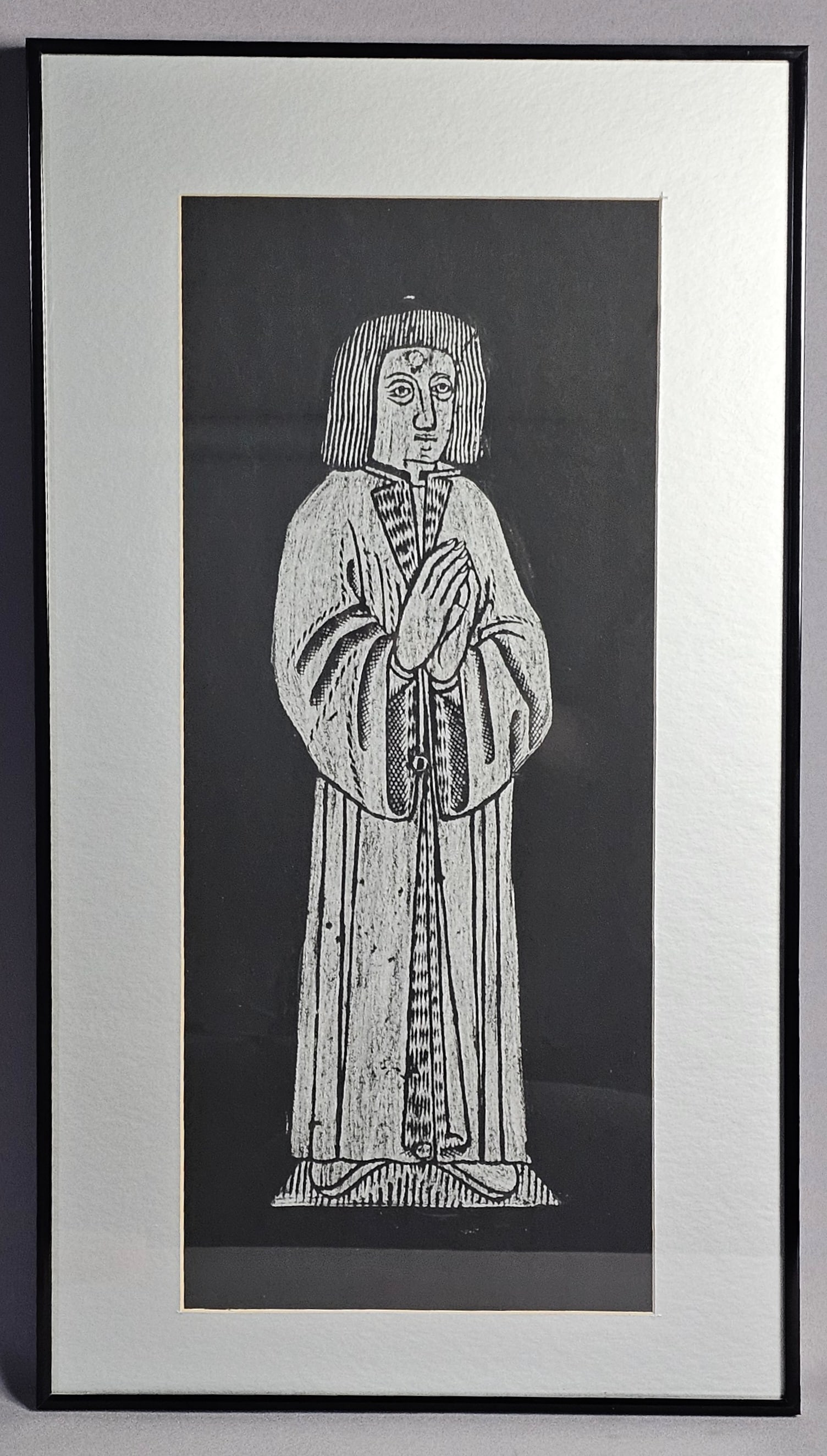 Monumental Brass Rubbing of an Ecclesiastical Figure: This item is a monumental brass rubbing depicting a full-length male figure, likely an ecclesiastical or academic subject, characterized by long, draped robes with wide sleeves and a distinctive