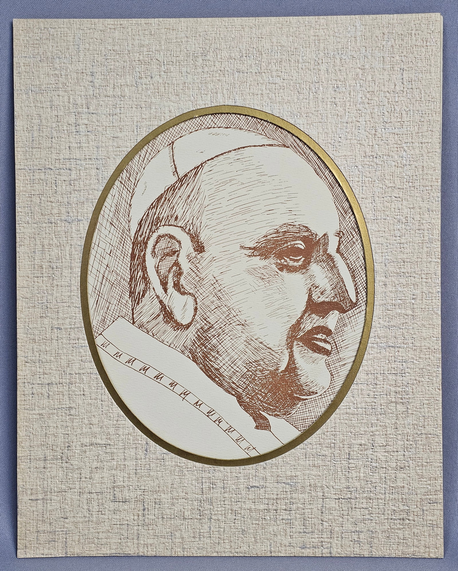 Profile Portrait of Pope John XXlll: This print on cream wove paper portrays Pope John XXlll in profile, wearing his papal zucchetto and robes. Sheet measures: 11 x 14 inches. The paper exhibits light overall toning. A small localized