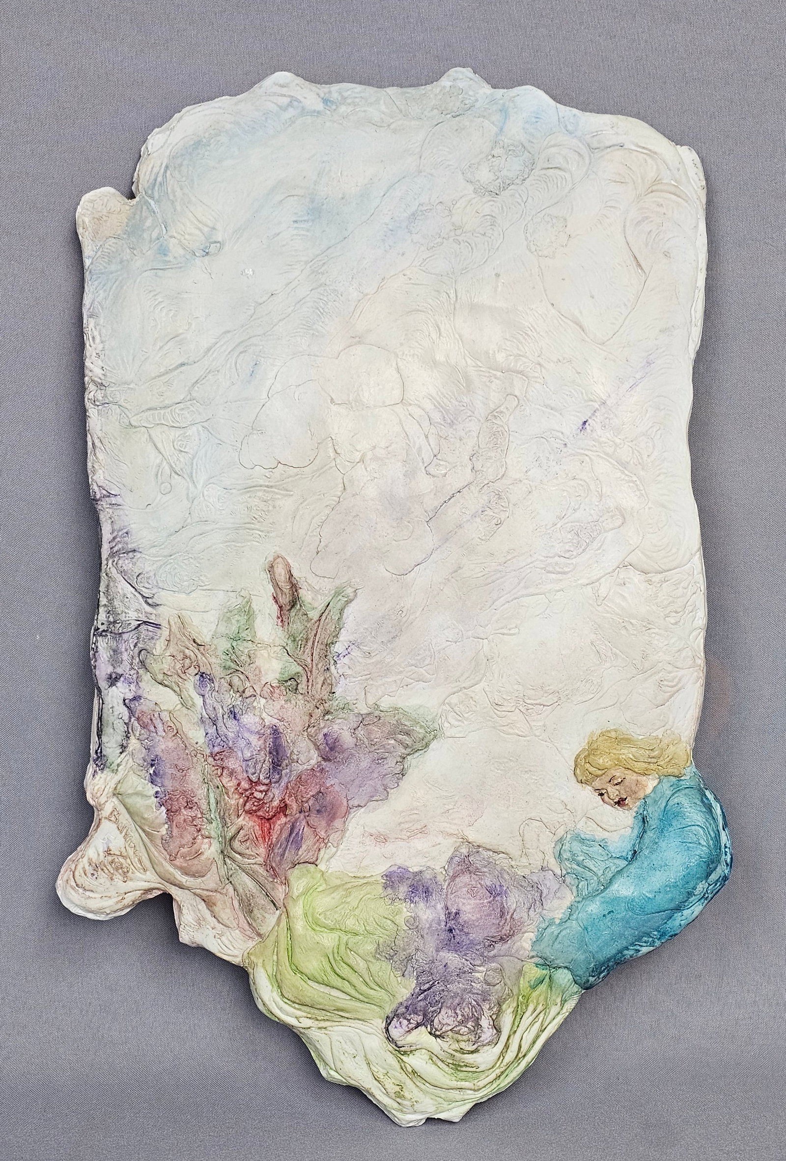 Bettina Tysklind Relief Sculpture Dreams Edition 58/100: This cast Hydro-stone relief sculpture, titled Dreams, is the work of artist Bettina Tysklind. The piece features a polychrome finish with a color palette of blue, purple, green, and blonde. The