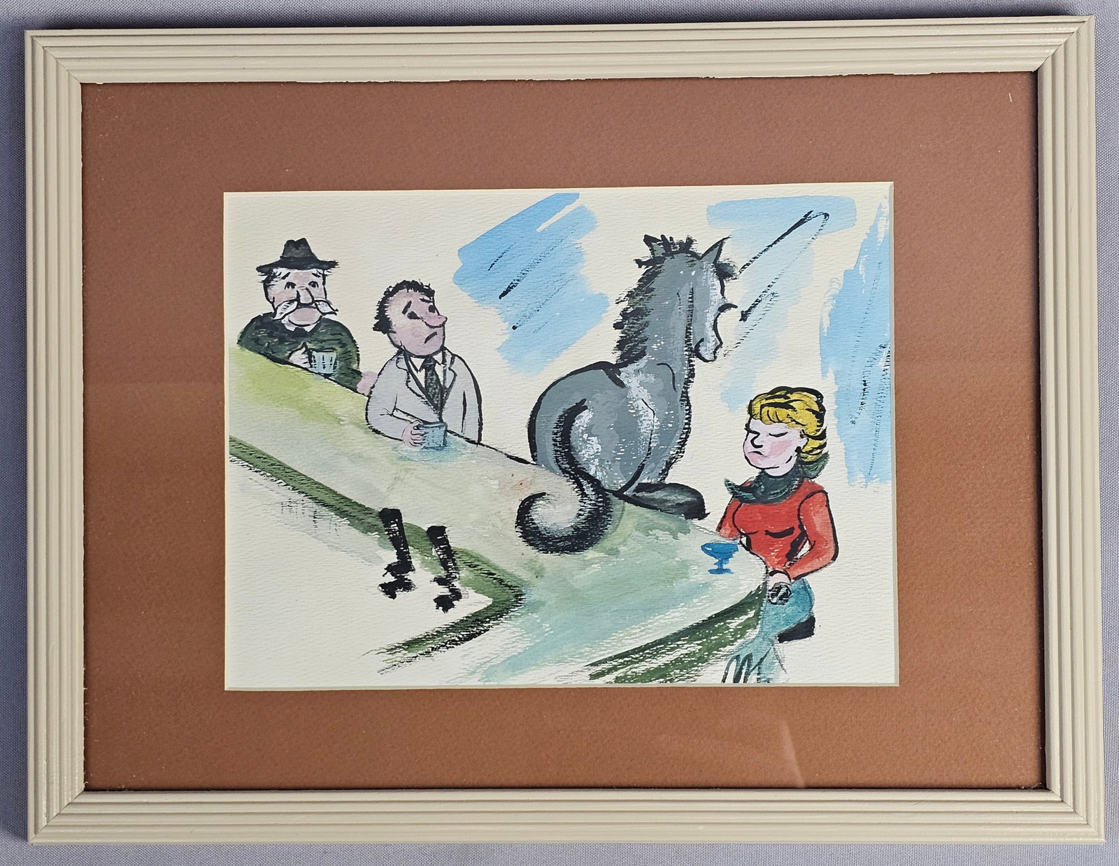 Watercolor & Gouache Illustration Barroom Scene: This work is a watercolor and gouache painting on textured wove paper, executed in a mid-century caricature style. The composition depicts a humorous barroom scene featuring two men at a bar looking