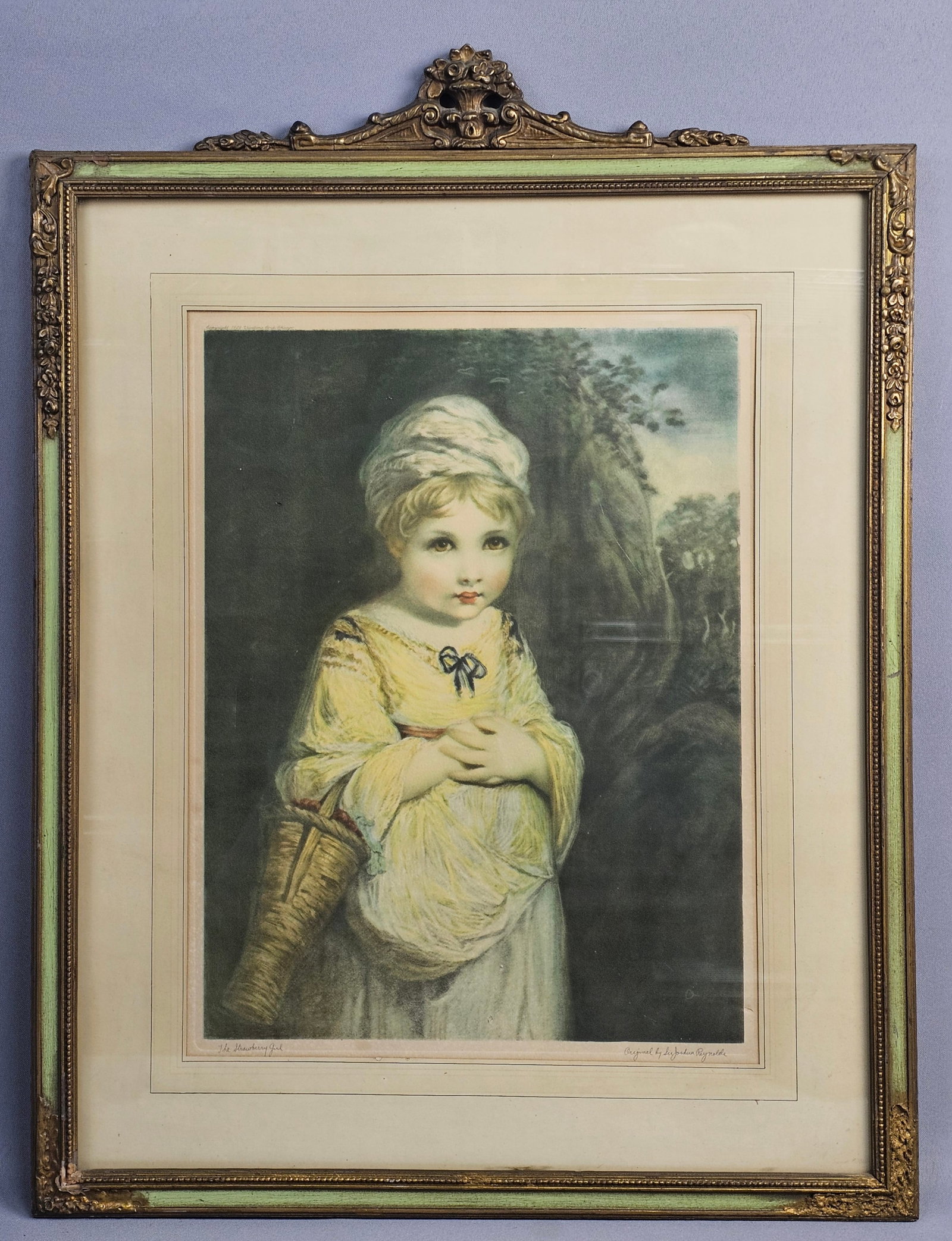 Sir Joshua Reynolds The Strawberry Girl Color Print: This is a color reproduction print titled The Strawberry Girl, based on the 1773 original oil painting by Sir Joshua Reynolds (British, 1723â€“1792). The work was published in 1929 by the Vivi