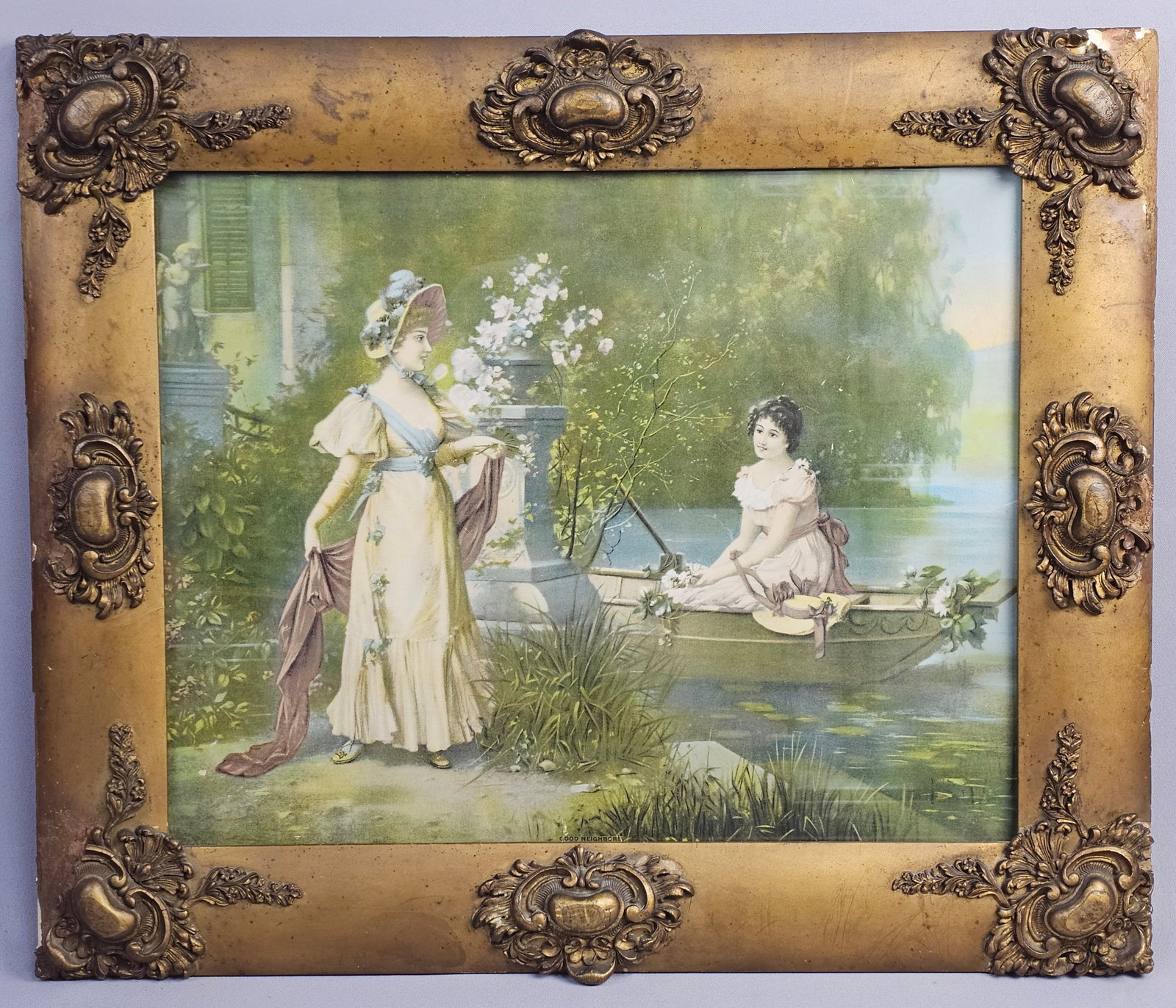 Late 19th-Century Chromolithograph Titled Good Neighbors: A multi-color chromolithograph from the late 19th or early 20th century titled GOOD NEIGHBORS. The scene depicts a tranquil garden setting with two women dressed in late Victorian or Edwardian style