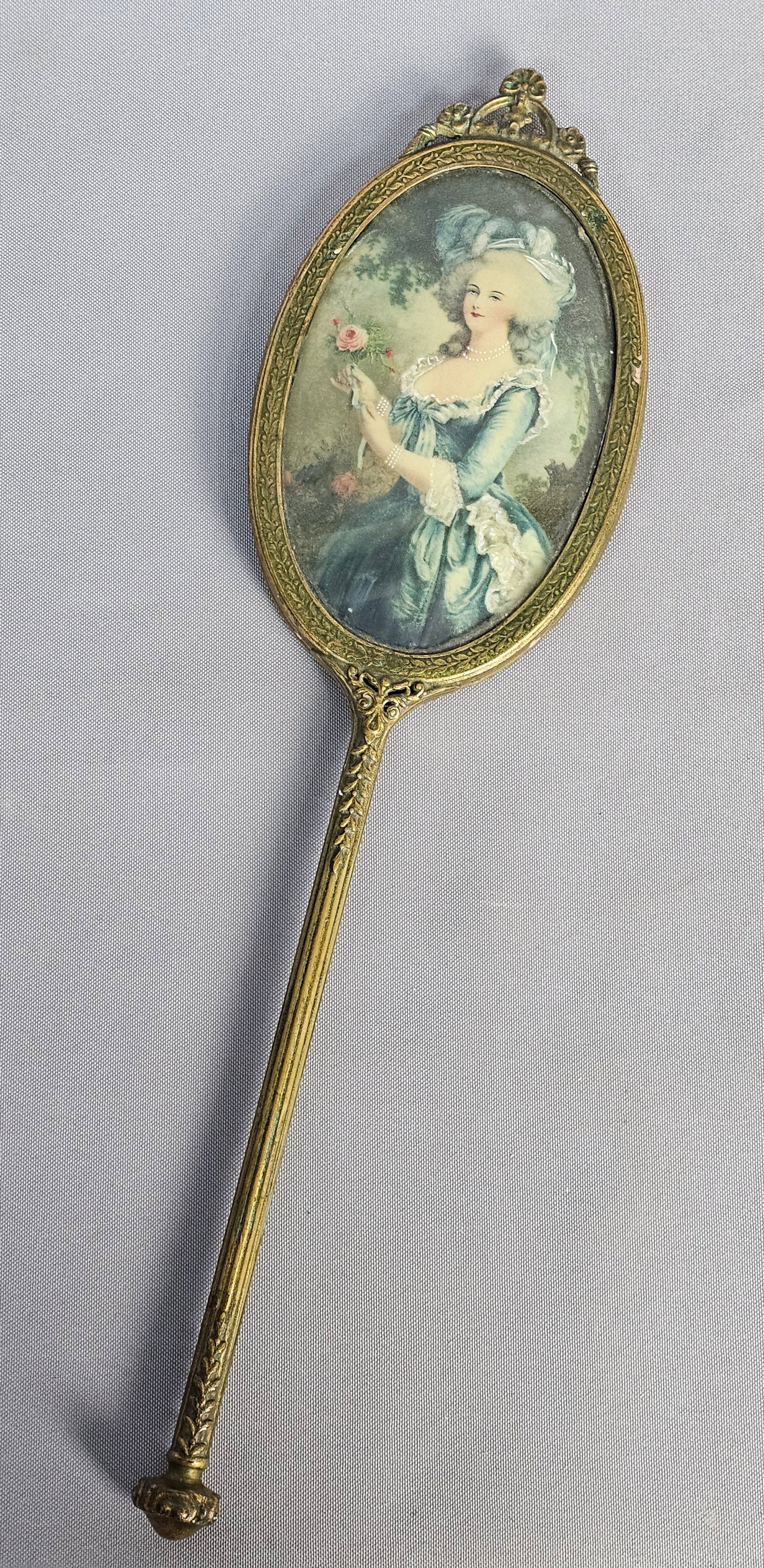 Antique Rococo Revival Style Gilt Metal Hand Mirror with Portrait (1 of 16)