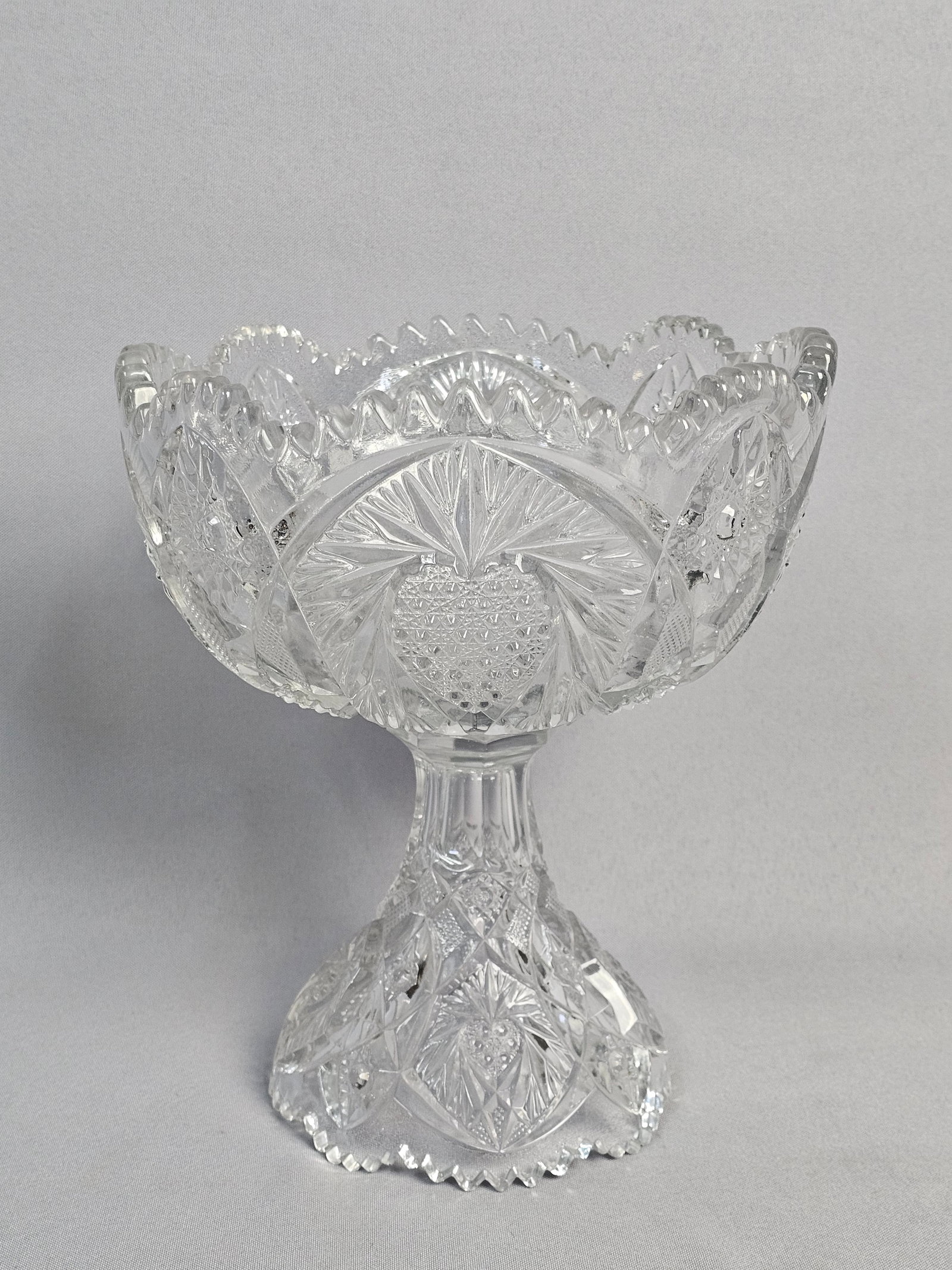 NUCUT Imperial Glass Cut Glass Footed Compote: Diameter: Approximately 8 inches at opening Height: Approximately 9.5 inches. Antique condition with flea bites and small chips present along the sharp points of the sawtooth rim and high points of