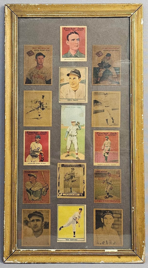 Framed Collection of Vintage Baseball Cards: Frame measures approximately 22 inches H x 12 inches W. The cards have not been removed from the frame for inspection and appear to be affixed to the backing board. General card condition ranges from