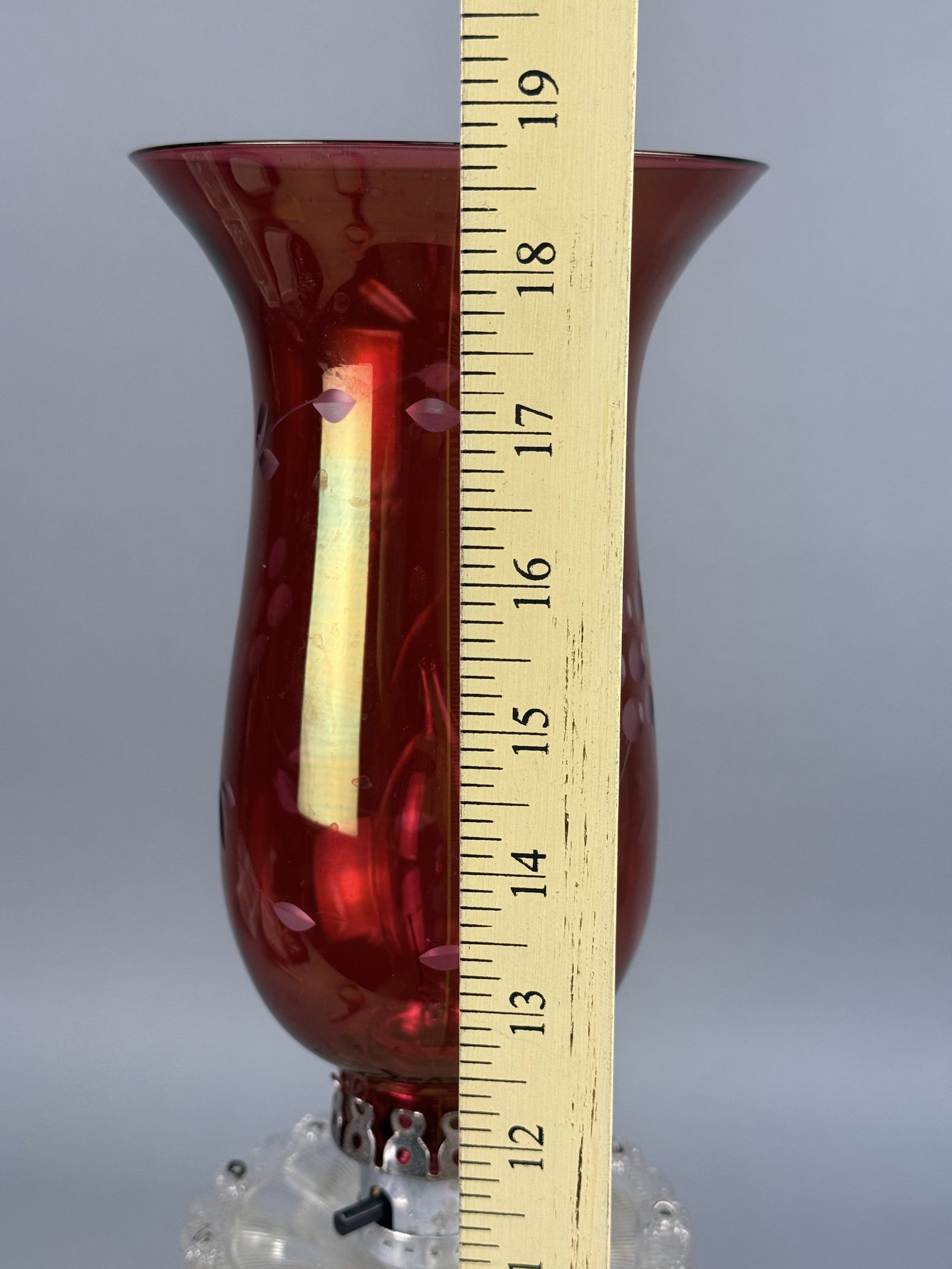 Vintage Ruby Red Etched Glass Hurricane Table Lamp - 3