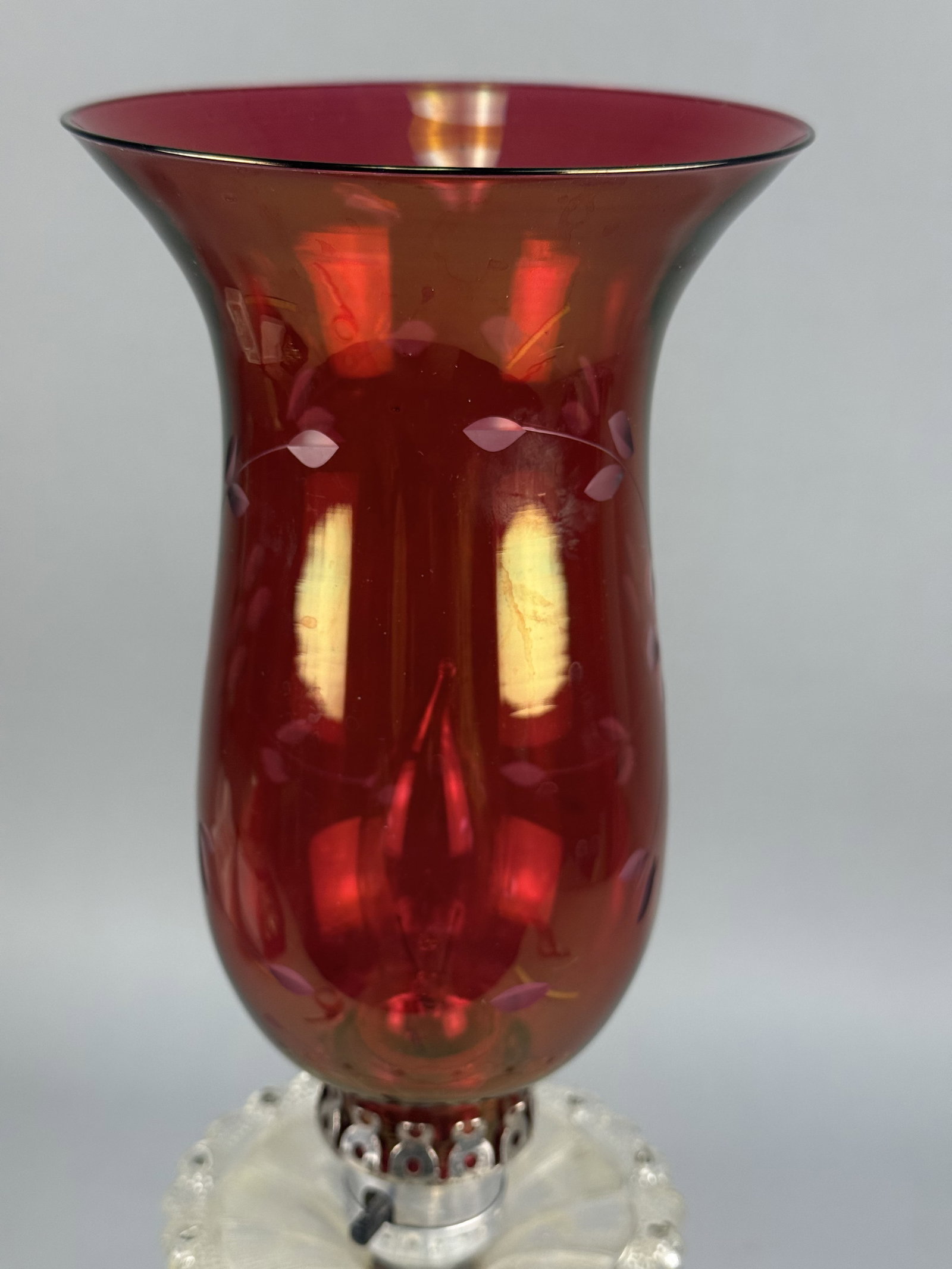 Vintage Ruby Red Etched Glass Hurricane Table Lamp - 4