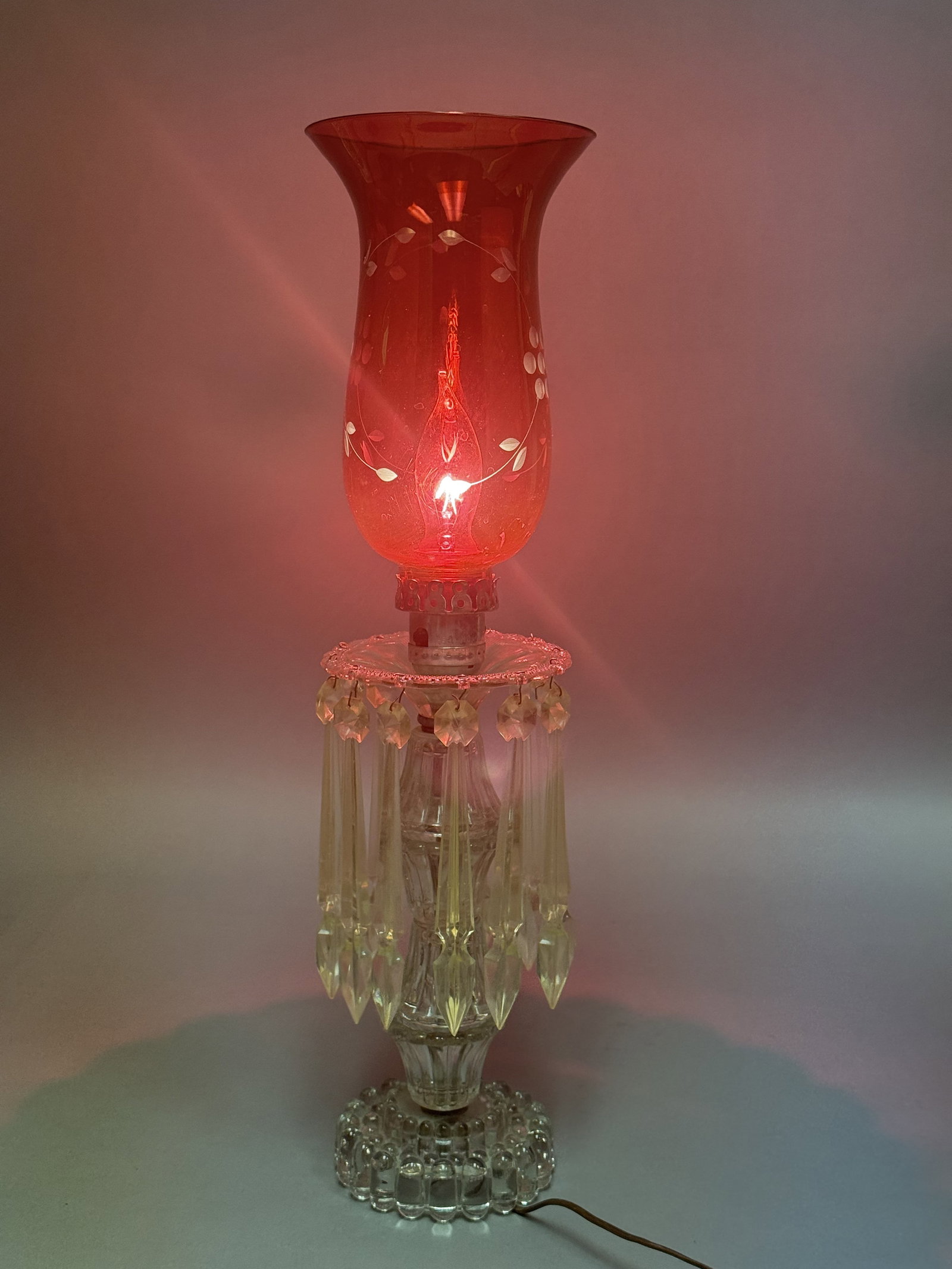 Vintage Ruby Red Etched Glass Hurricane Table Lamp - 5