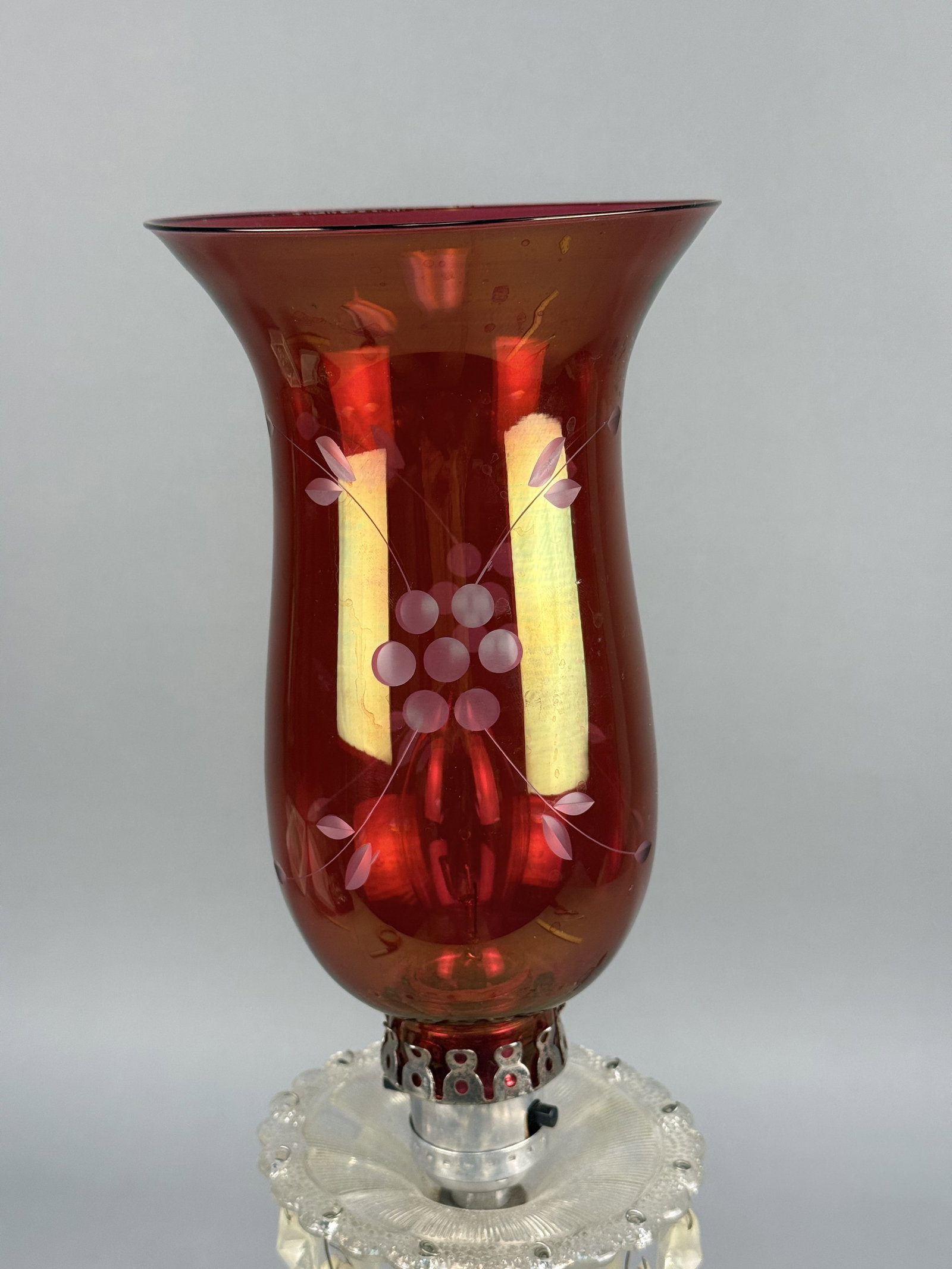 Vintage Ruby Red Etched Glass Hurricane Table Lamp - 6