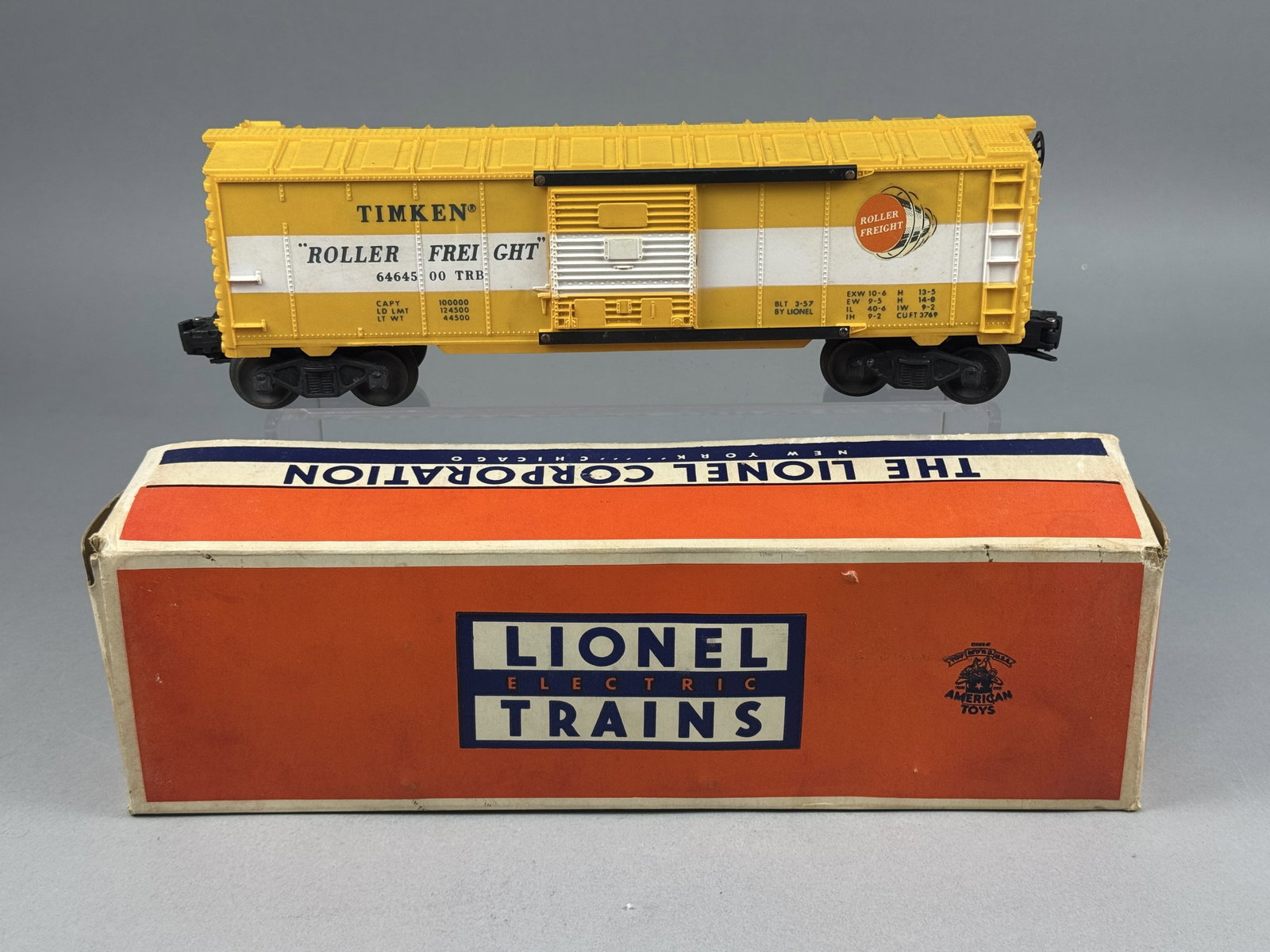 Lionel Postwar No. 6464-500 Timken Roller Freight Boxcar: This is a vintage postwar O gauge model train boxcar manufactured by The Lionel Corporation. The item is a No. 6464-500 boxcar featuring the Timken Roller Freight livery. Technical specifications list