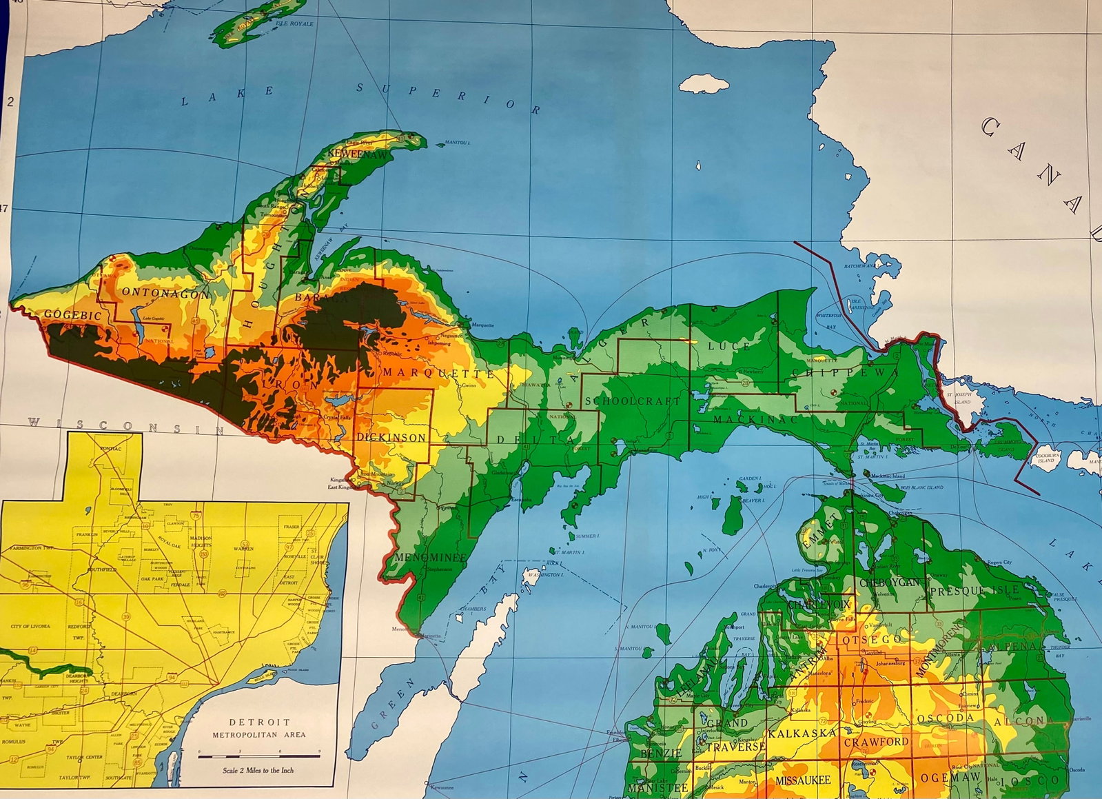 A.J. Nystrom & Co. Michigan Physical Classroom Pull-Down Wall Map - 2