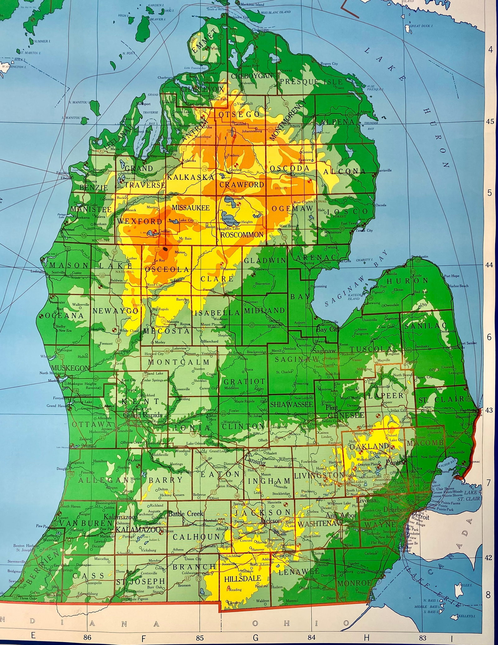 A.J. Nystrom & Co. Michigan Physical Classroom Pull-Down Wall Map - 3