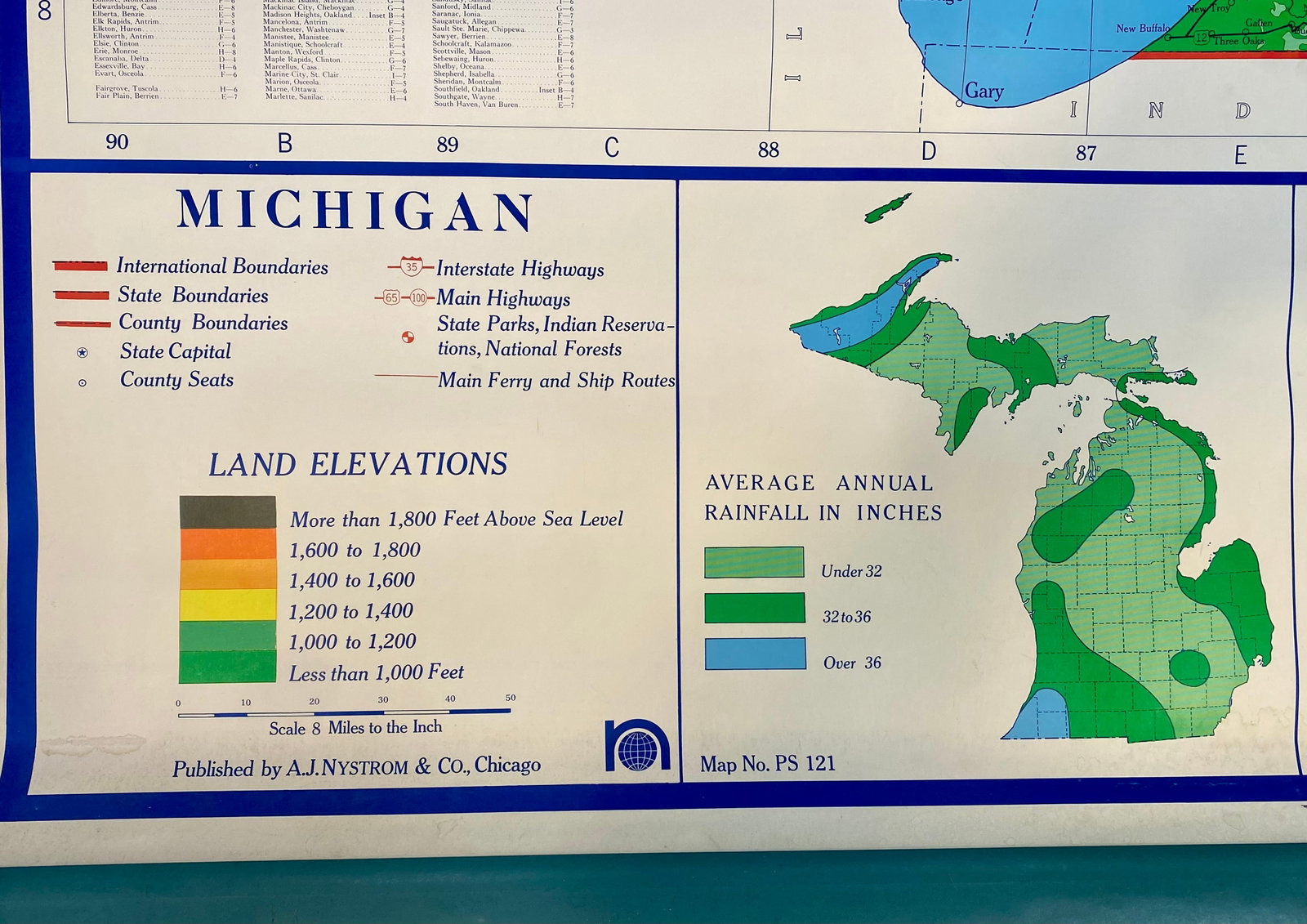 A.J. Nystrom & Co. Michigan Physical Classroom Pull-Down Wall Map - 5