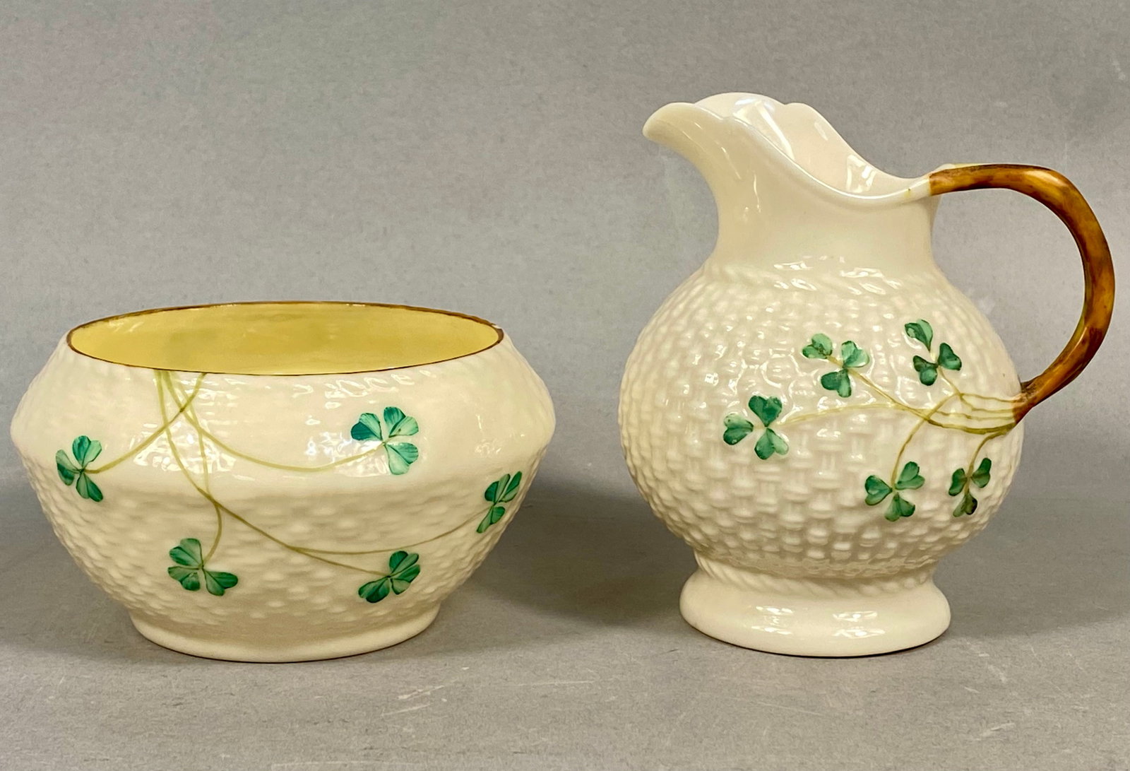 Belleek Porcelain Shamrock Pattern Creamer & Sugar Bowl (1 of 6)