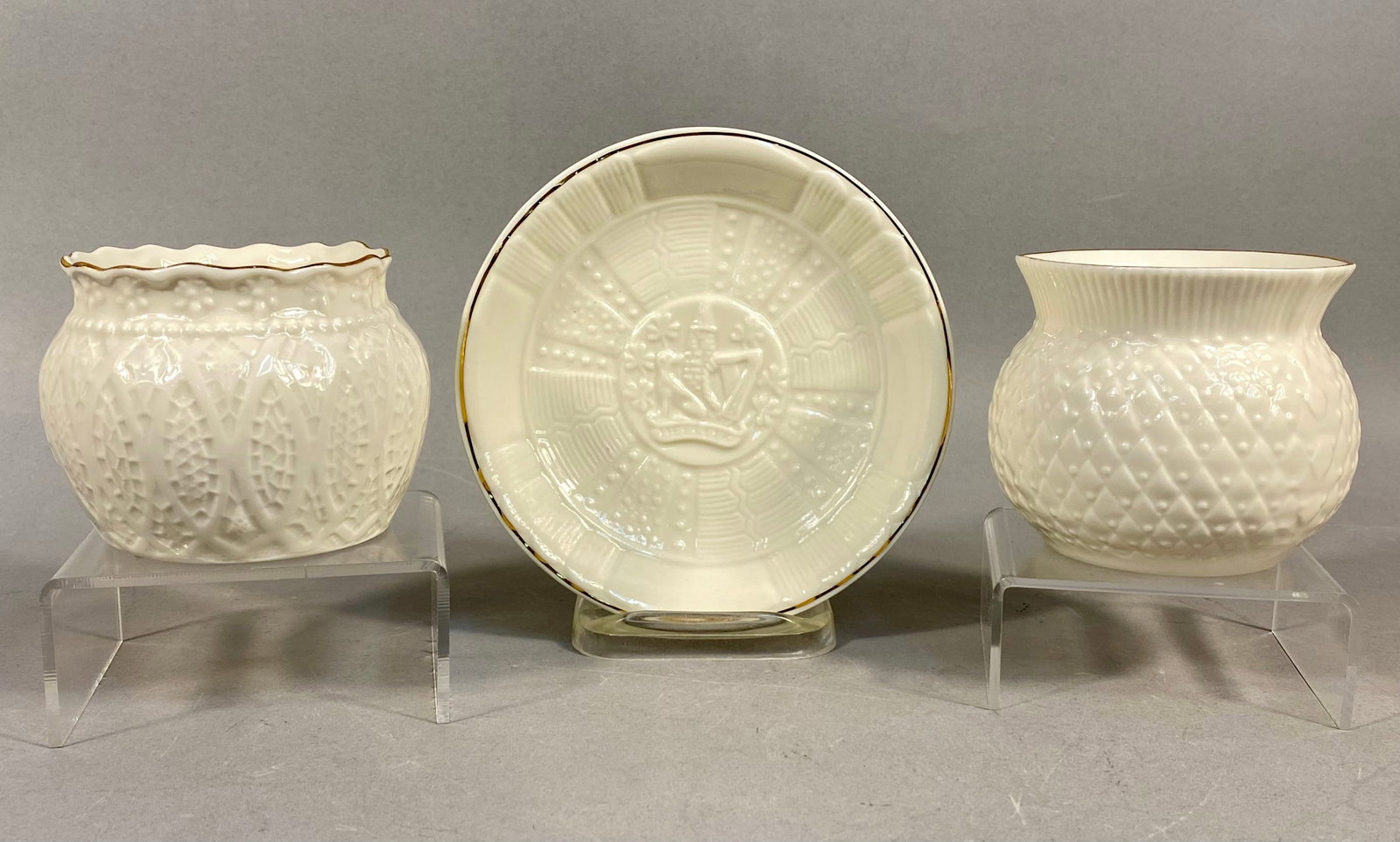 Three Belleek Collectors Society Parian China Decorative Items: This collection consists of three pieces of fine Parian china produced for the Belleek Collectors Society, featuring a characteristic ivory iridescent glaze and hand-painted gold gilding. The first it