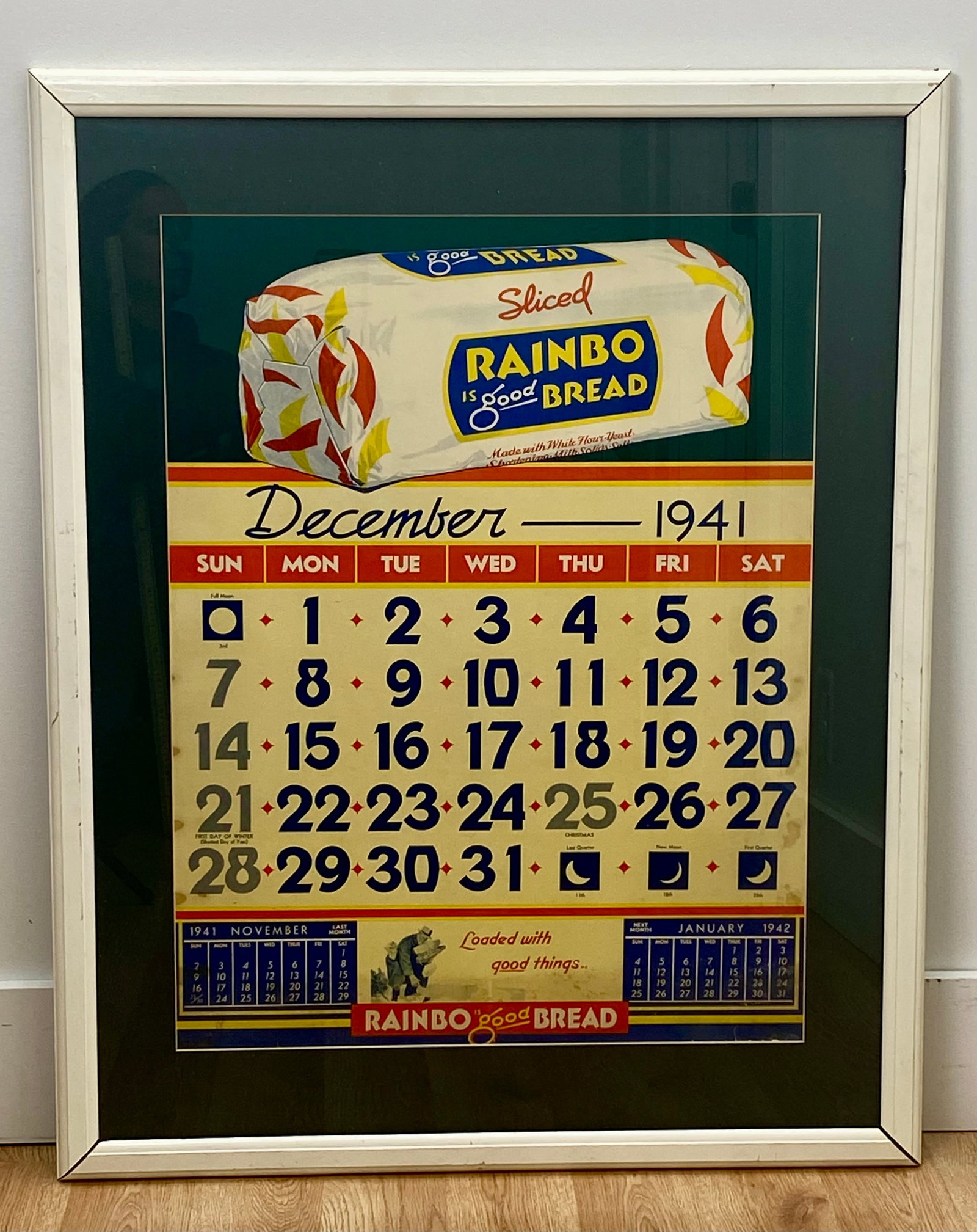 Framed Rainbo Bread Advertising Calendar, December 1941 (1 of 9)