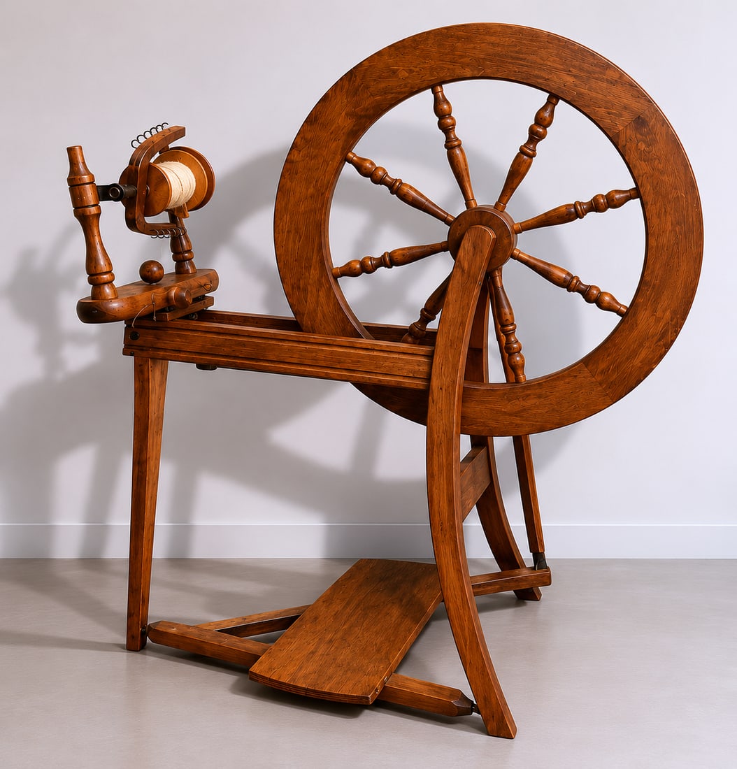 Ashford Traditional Single Drive Spinning Wheel: An Ashford traditional Saxony-style spinning wheel constructed from finished wood. This single-treadle model features a horizontal bench supporting a mother-of-all flyer assembly and a spoked drive