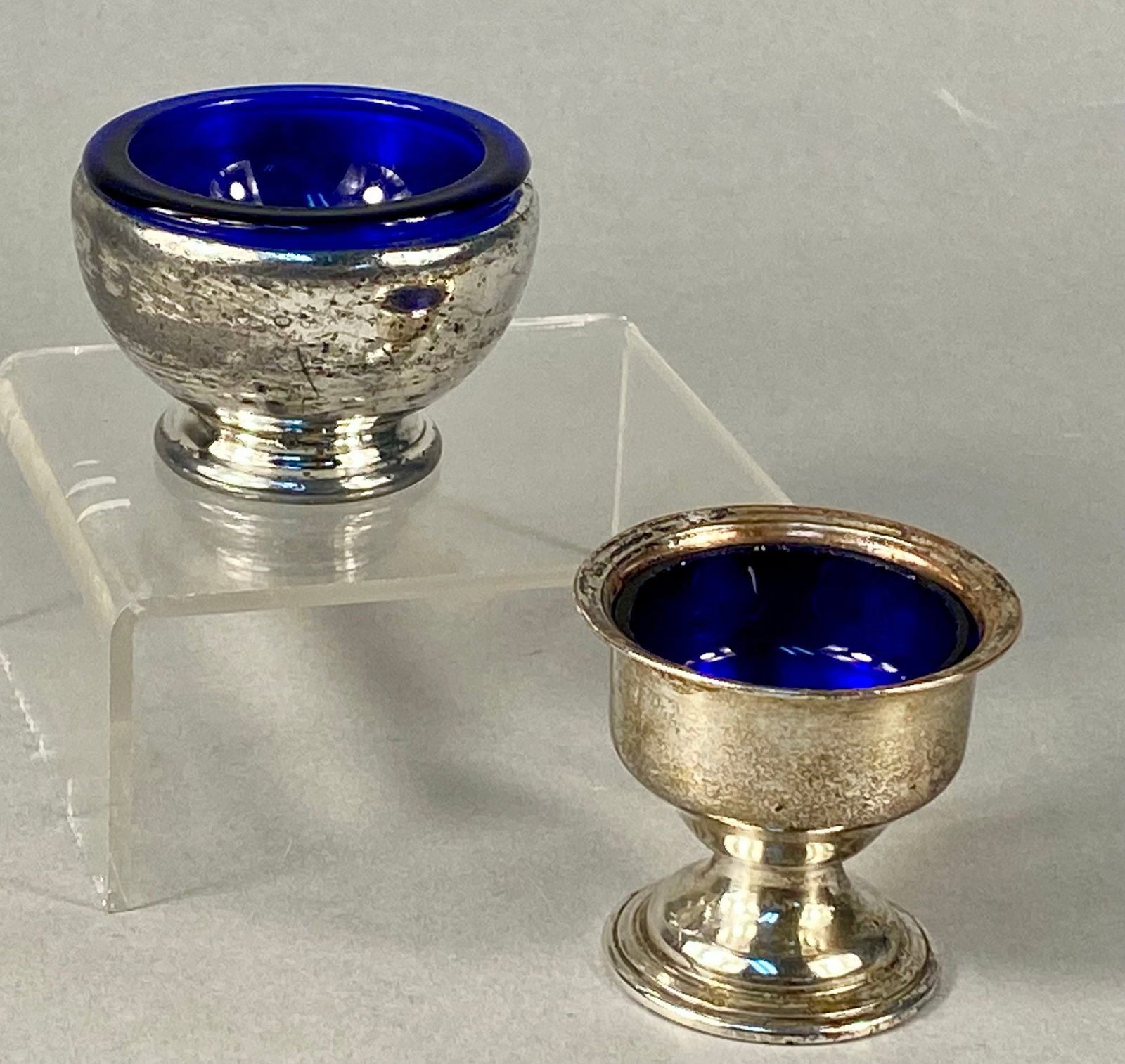 Two Silver-Plated Pedestal Salt Cellars with Cobalt Blue Glass Liners (1 of 8)