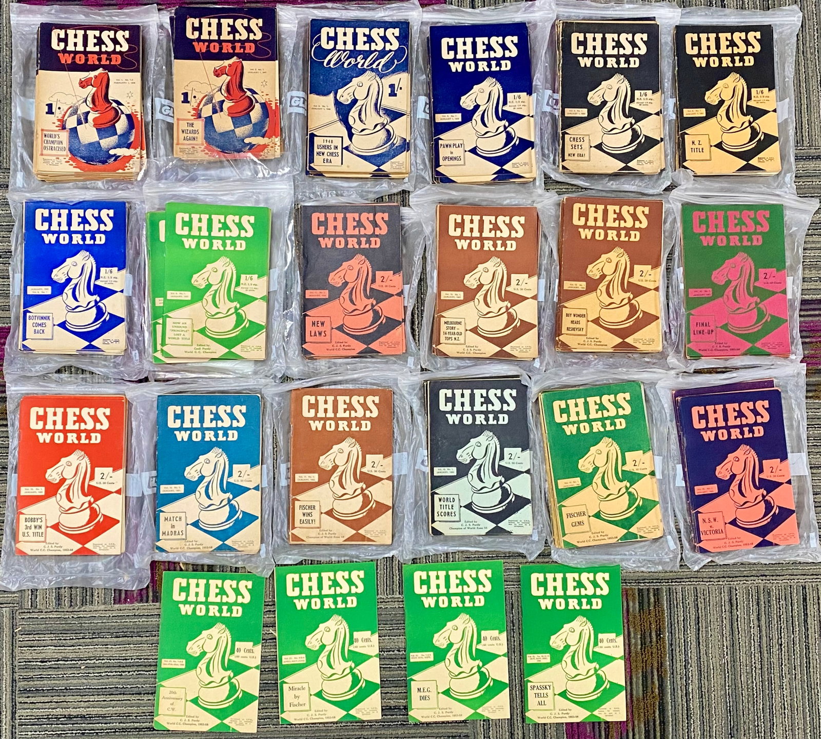 Collection of Chess World Magazines Edited by C. J. S. Purdy 1946 to 1966: A substantial collection of Chess World magazines, an influential Australian periodical incorporating Check. The archive spans from the magazine's inception in 1946 through 1966, covering Volumes 1