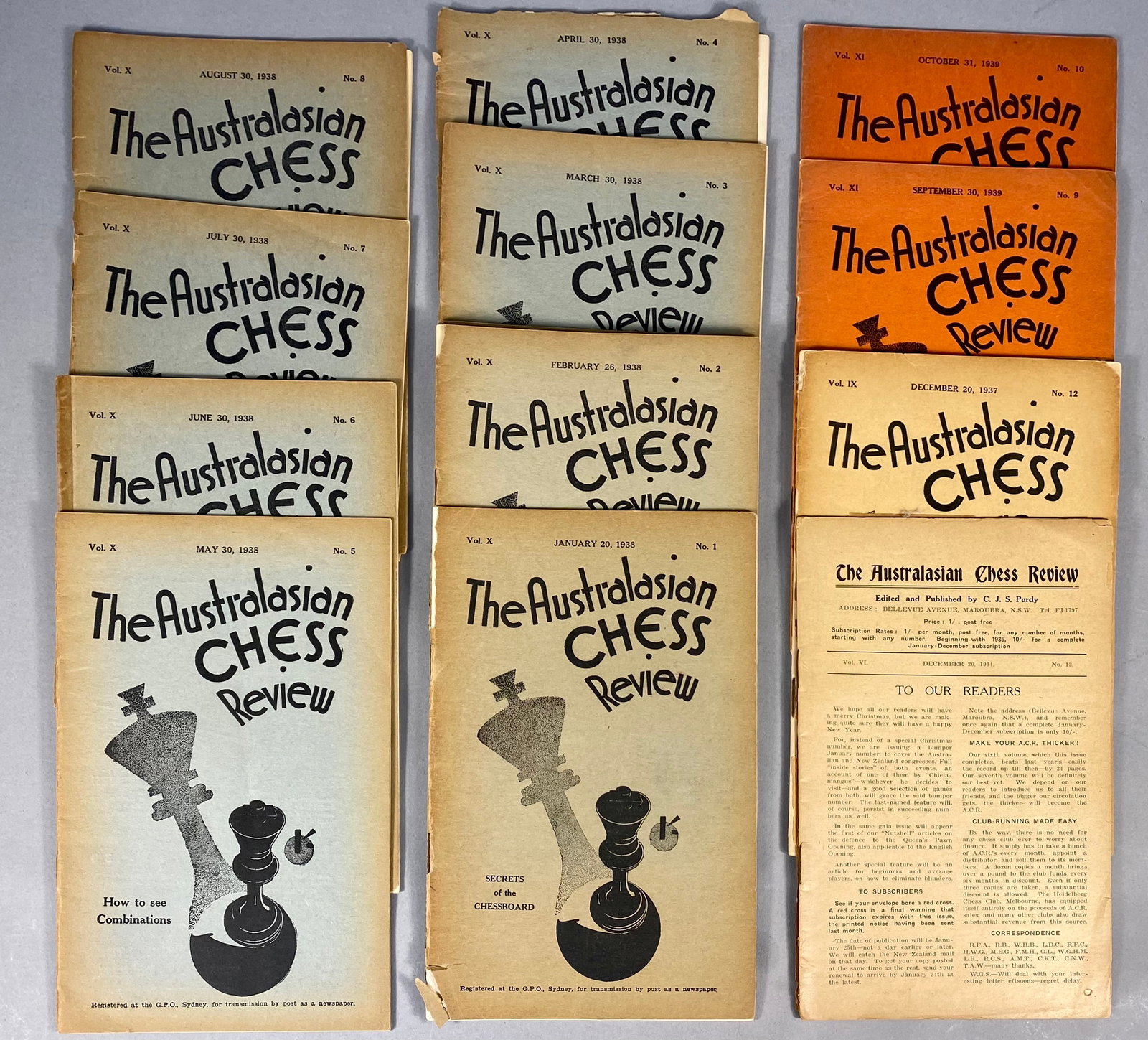 12 Issues of The Australasian Chess Review Edited by C. J. S. Purdy 1934-1939: This collection consists of 12 complete or near-complete issues from The Australasian Chess Review, a publication edited and published by C. J. S. Purdy in Maroubra, New South Wales, Australia. The