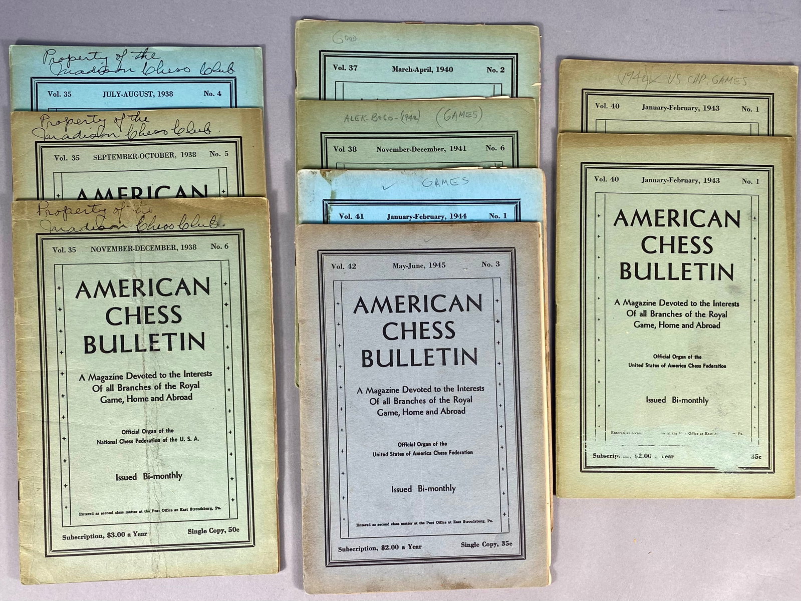 Nine Issues of American Chess Bulletin Magazine, 1938-1945: This group consists of nine issues of the American Chess Bulletin, a bi-monthly periodical published by the American Chess Company at 150 Nassau Street, New York. Edited by Hermann Helms, the